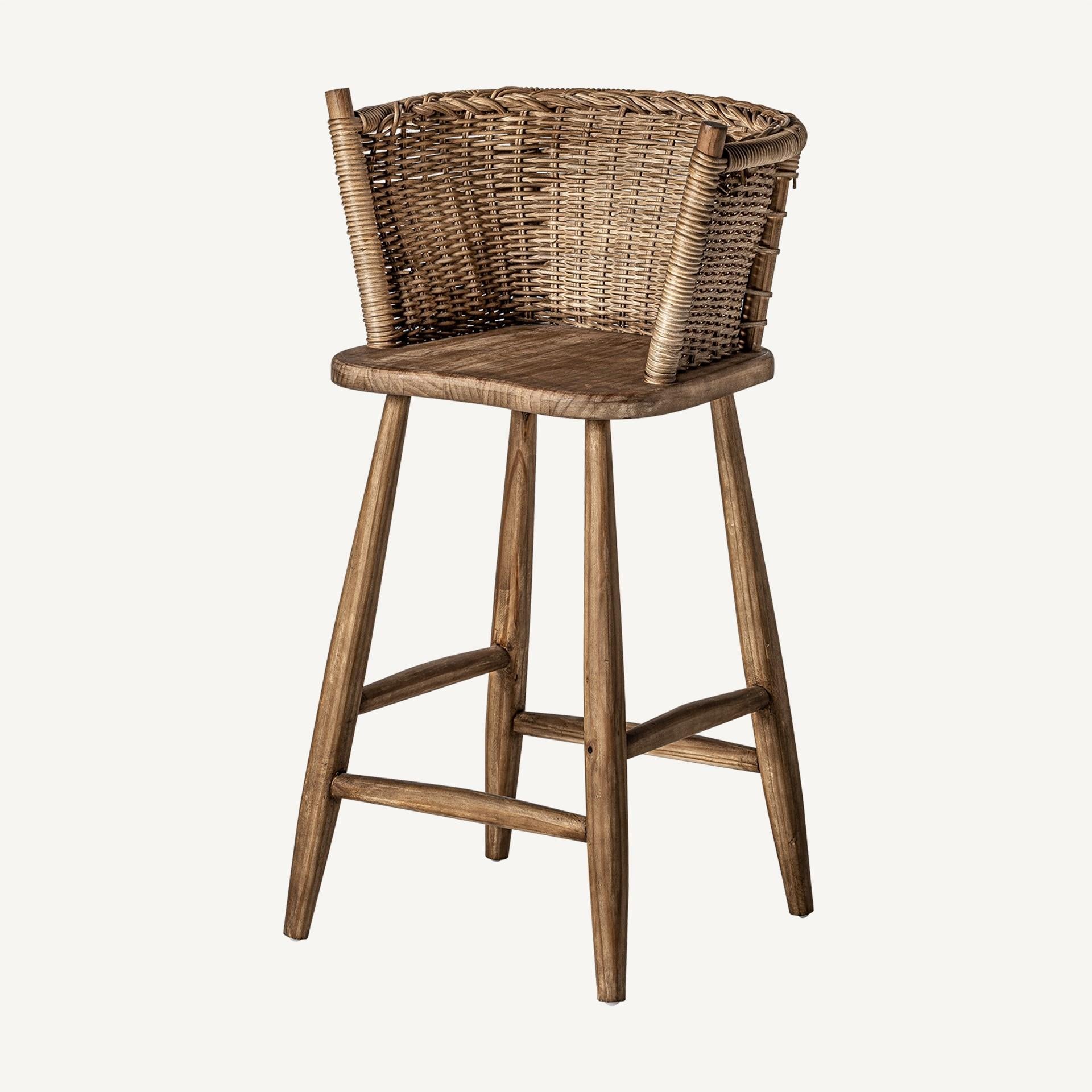 Contemporary Handcrafted Braided Wicker and Wooden Bar Stool For Sale