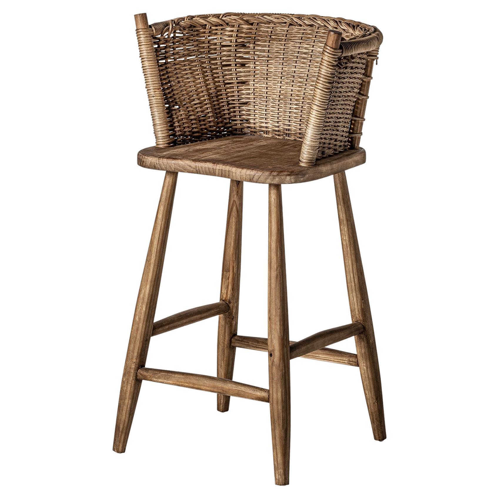 Handcrafted Braided Wicker and Wooden Bar Stool For Sale