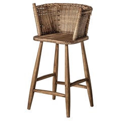 Handcrafted Braided Wicker and Wooden Bar Stool