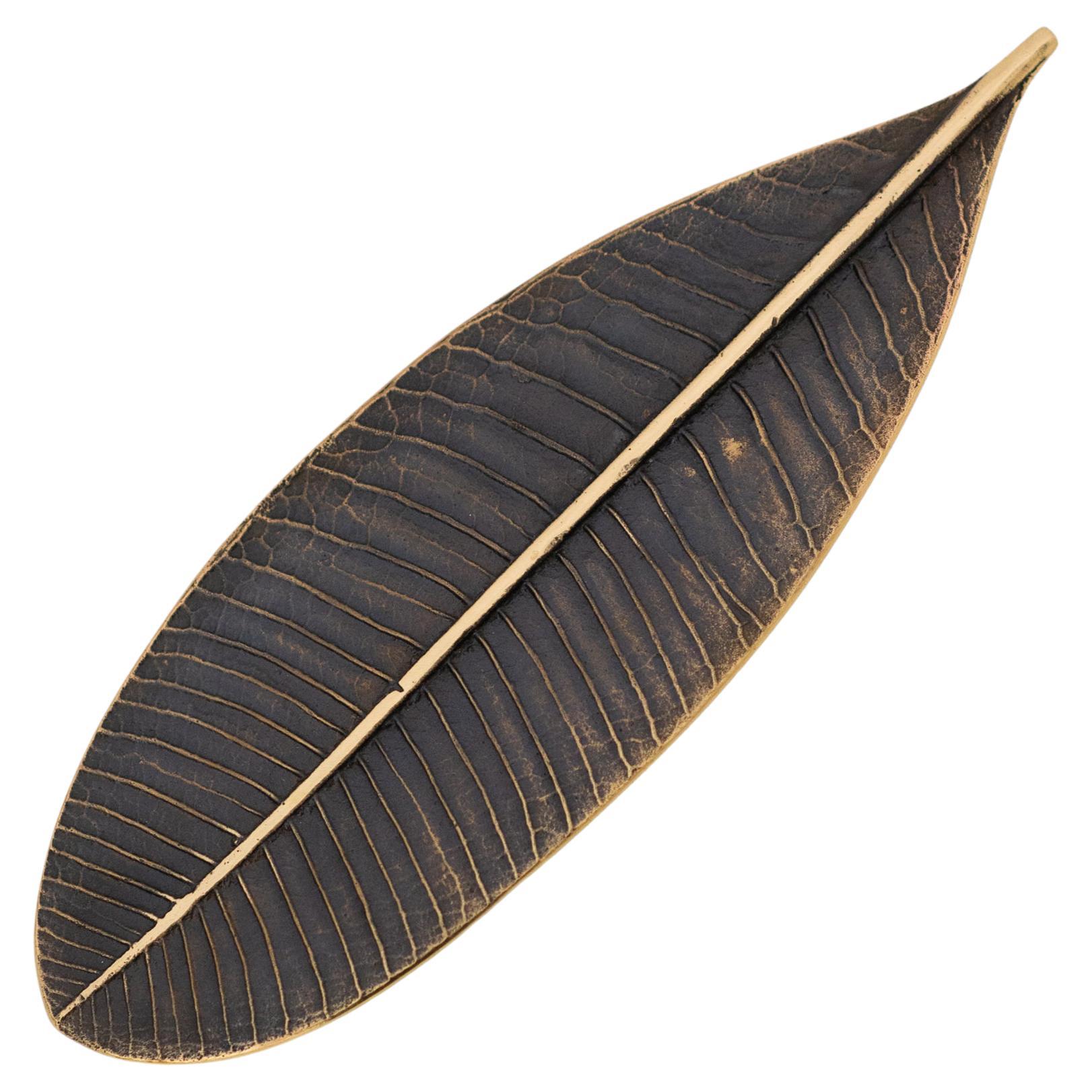 Handcrafted Brass Leaf Decorative Paperweight with Bronze Patina For Sale