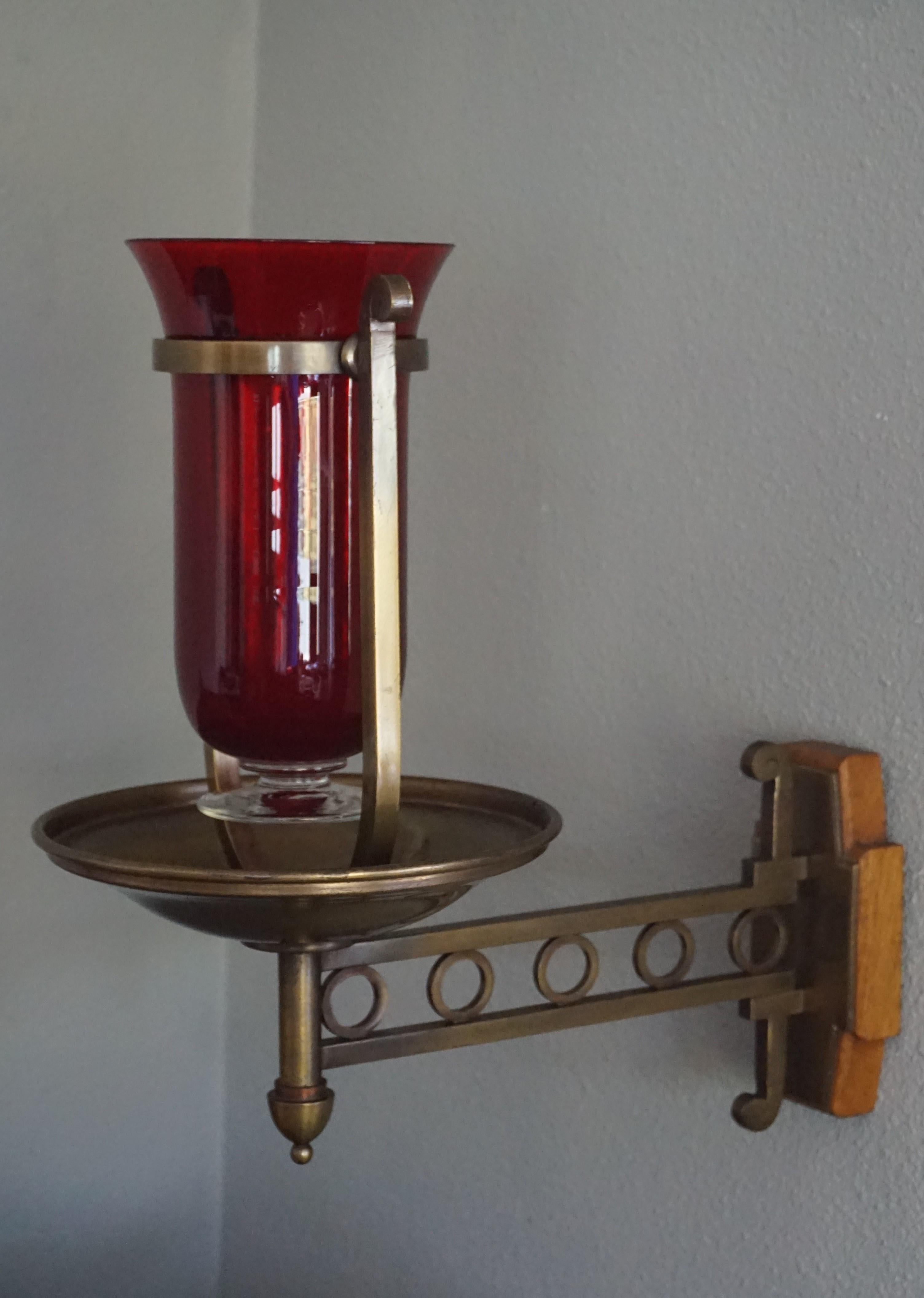 Handcrafted Brass with Cranberry Glass Vessel Art Deco Sanctuary Wall Lamp, 1920 5
