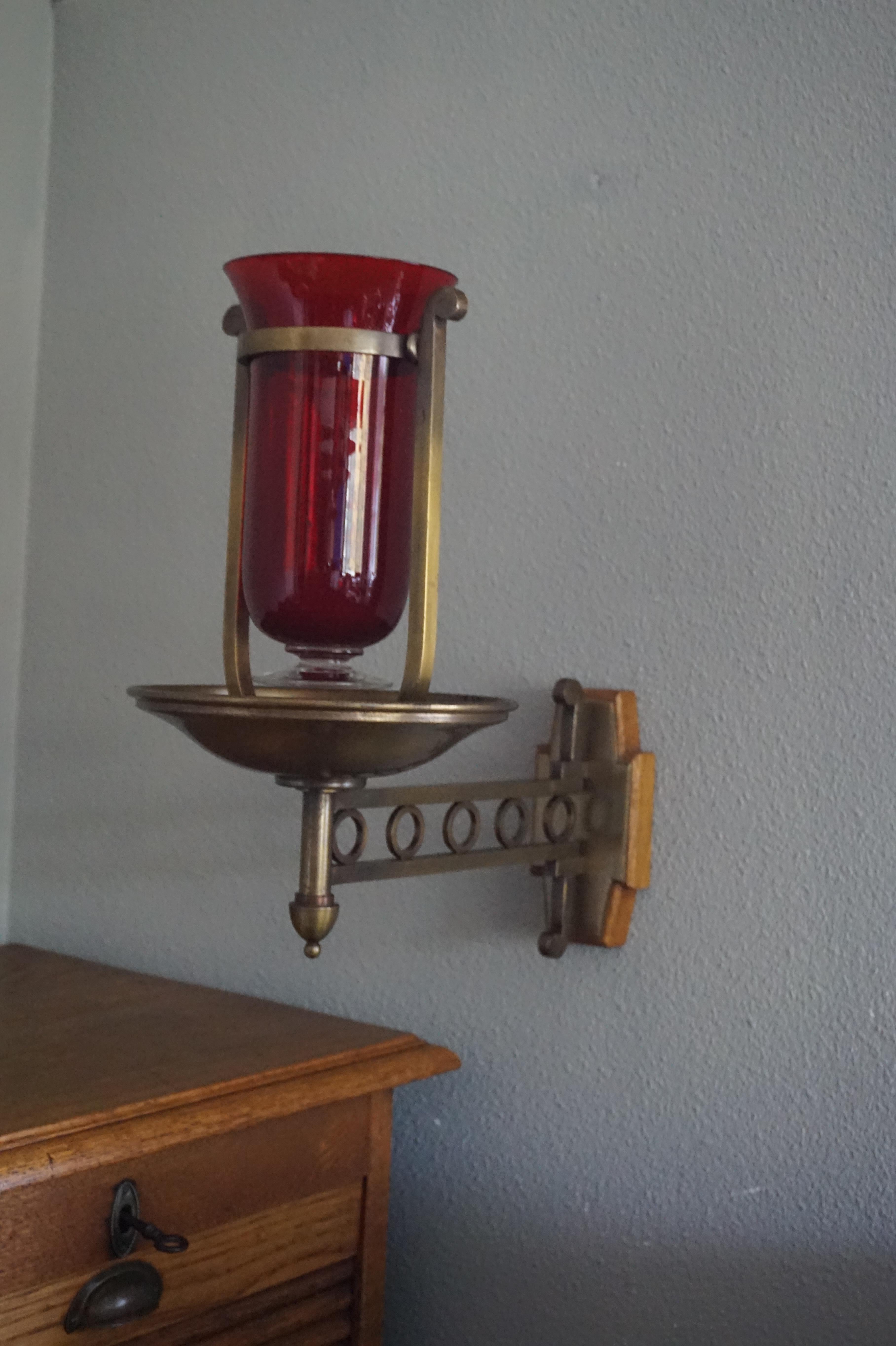 Handcrafted Brass with Cranberry Glass Vessel Art Deco Sanctuary Wall Lamp, 1920 9