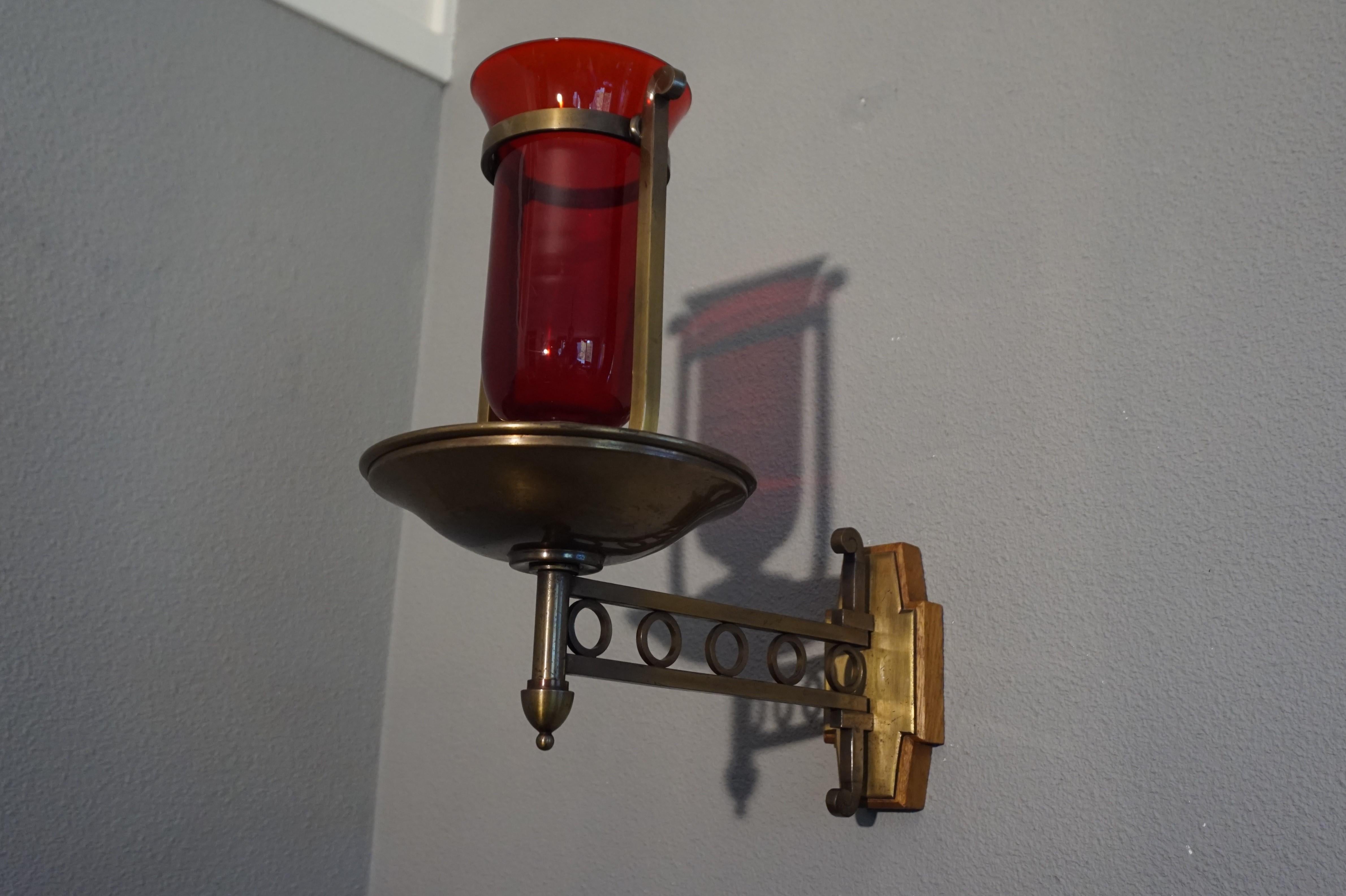 Handcrafted Brass with Cranberry Glass Vessel Art Deco Sanctuary Wall Lamp, 1920 10