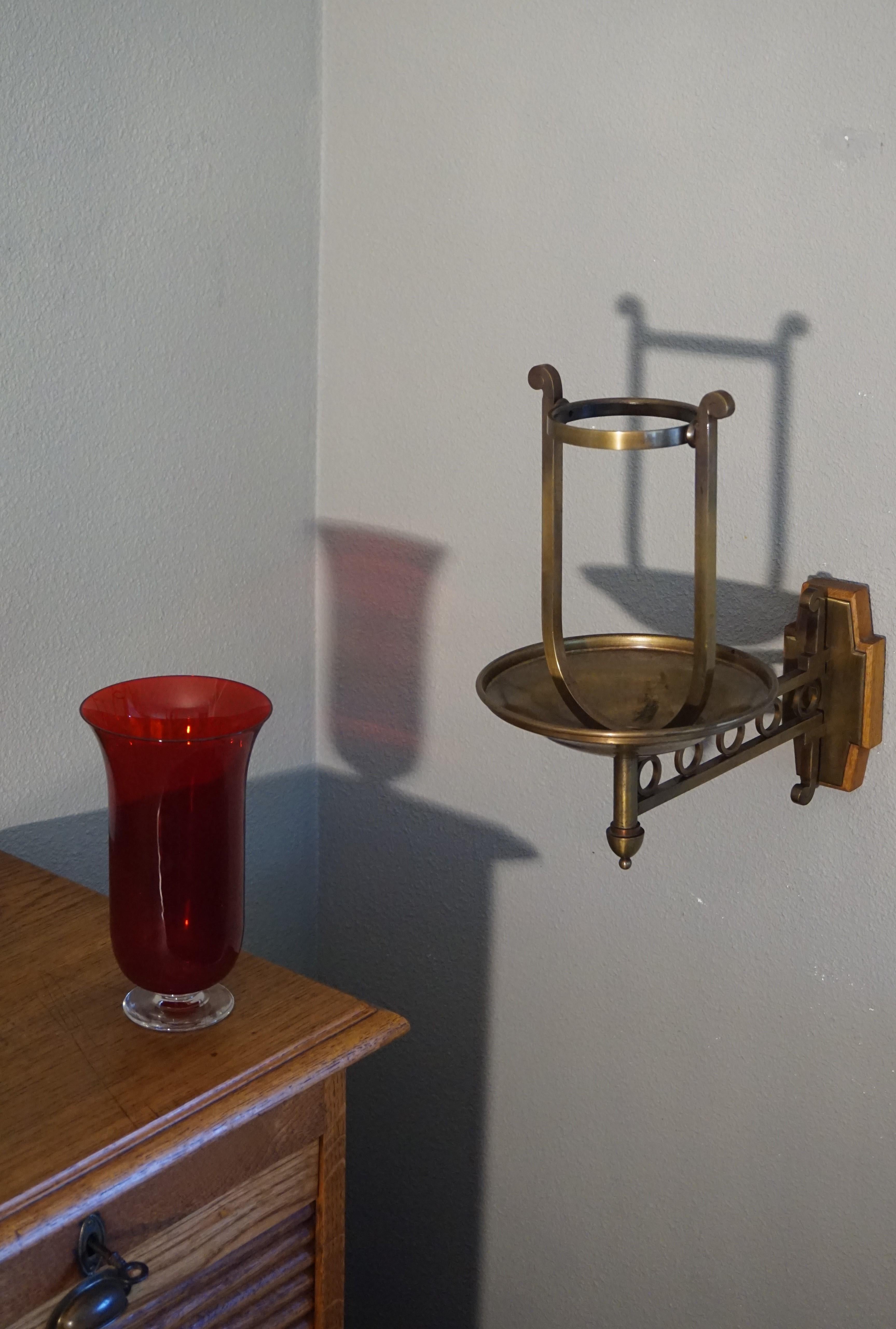 Handcrafted Brass with Cranberry Glass Vessel Art Deco Sanctuary Wall Lamp, 1920 In Good Condition In Lisse, NL