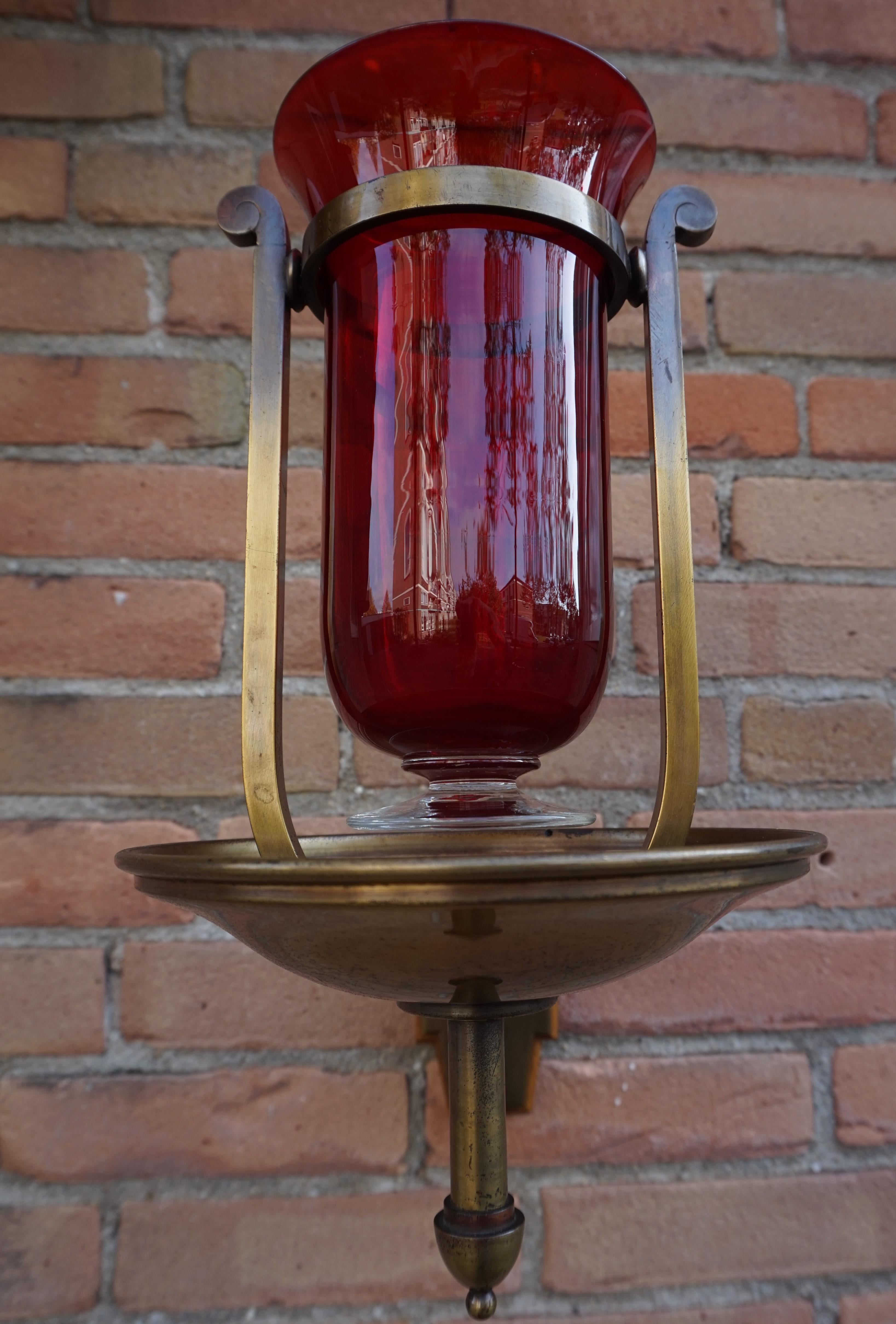 Oak Handcrafted Brass with Cranberry Glass Vessel Art Deco Sanctuary Wall Lamp, 1920