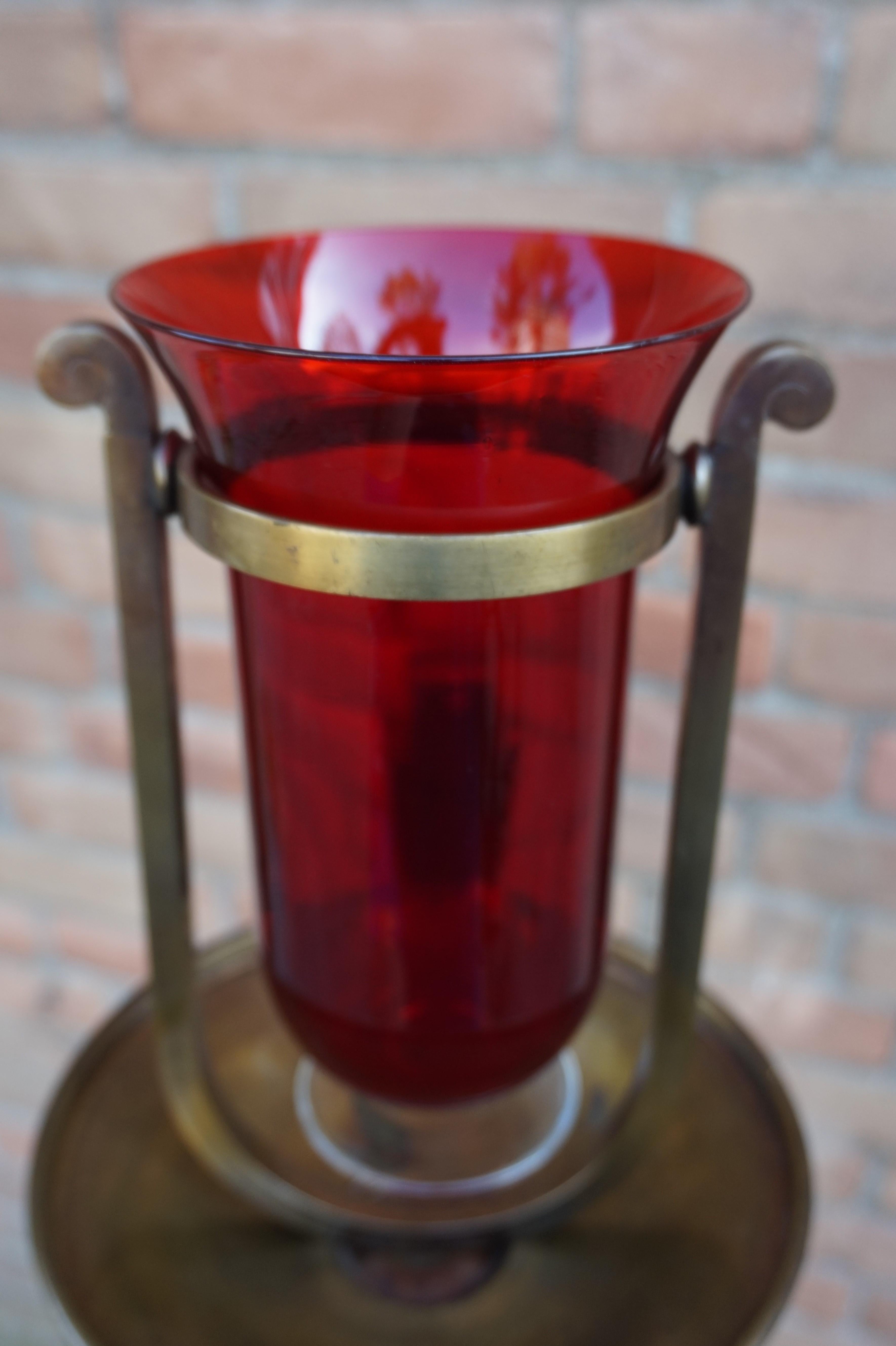Handcrafted Brass with Cranberry Glass Vessel Art Deco Sanctuary Wall Lamp, 1920 1