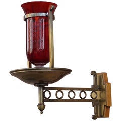 Antique Handcrafted Brass with Cranberry Glass Vessel Art Deco Sanctuary Wall Lamp, 1920