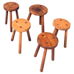 Vintage Handcrafted Brutalist Design Oak Tripod Stool Set of 5, 1930's France