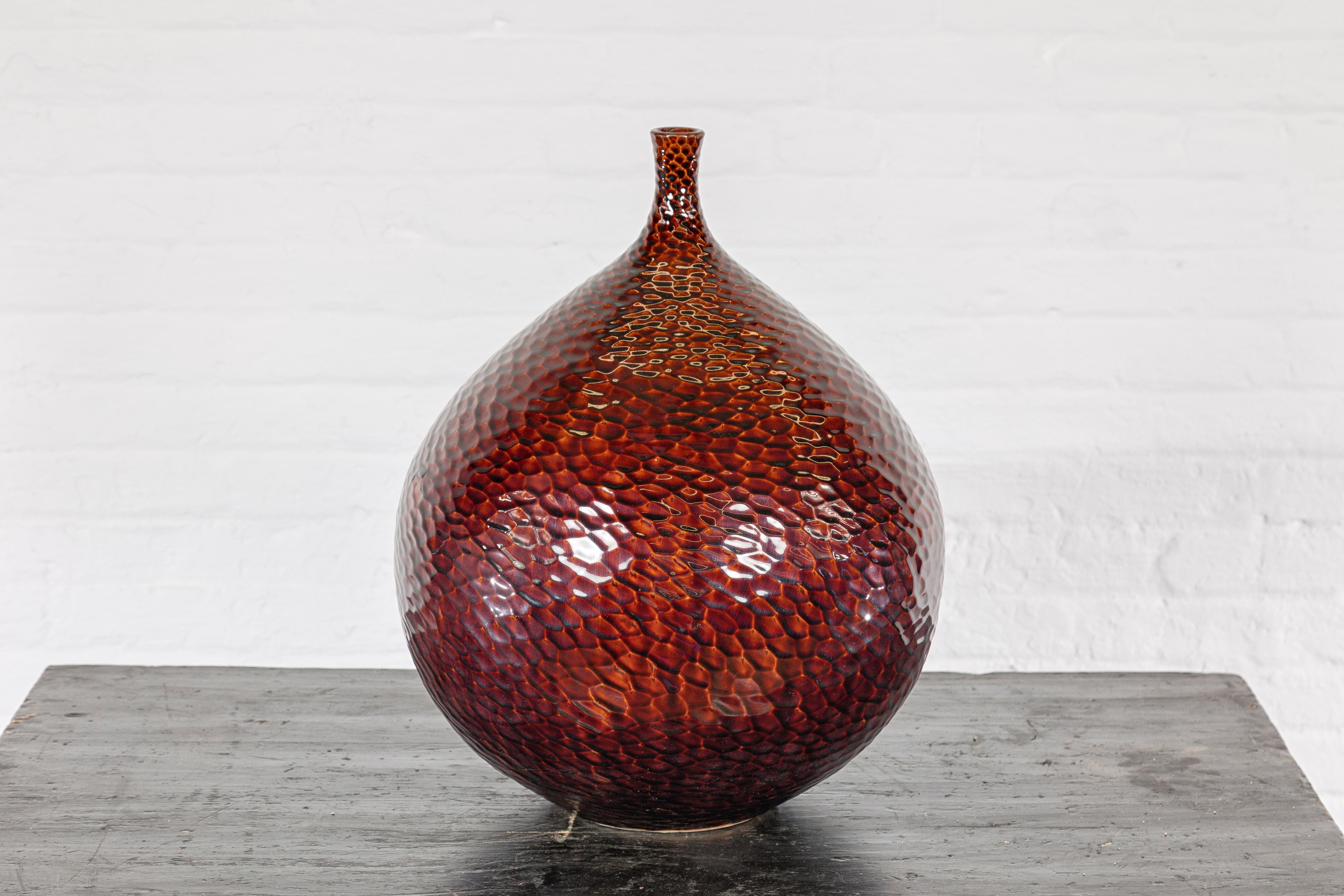 Handcrafted Bulb Shaped Burgundy Vase with Textured Honeycomb Style Motifs For Sale 7