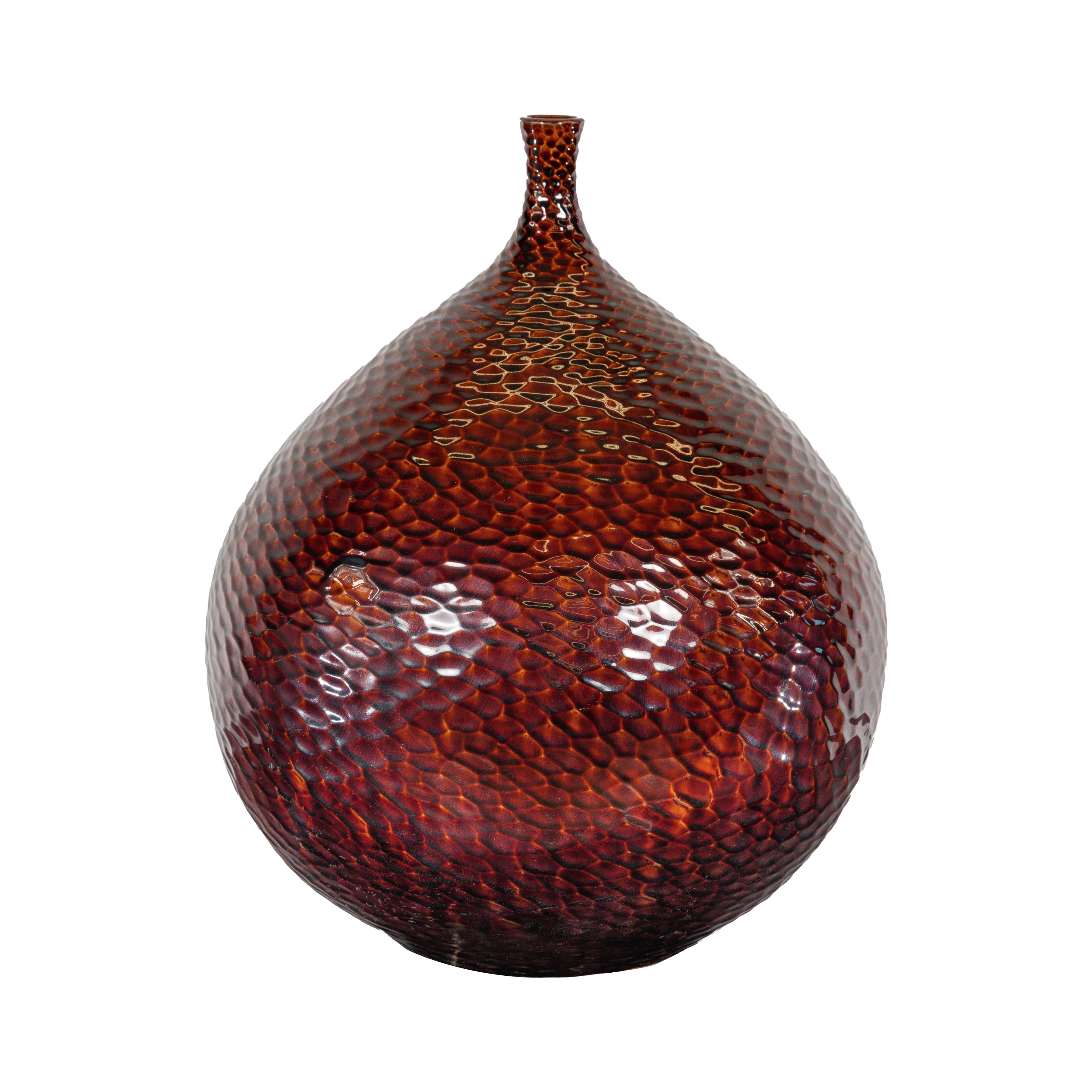 Handcrafted Bulb Shaped Burgundy Vase with Textured Honeycomb Style Motifs For Sale 9