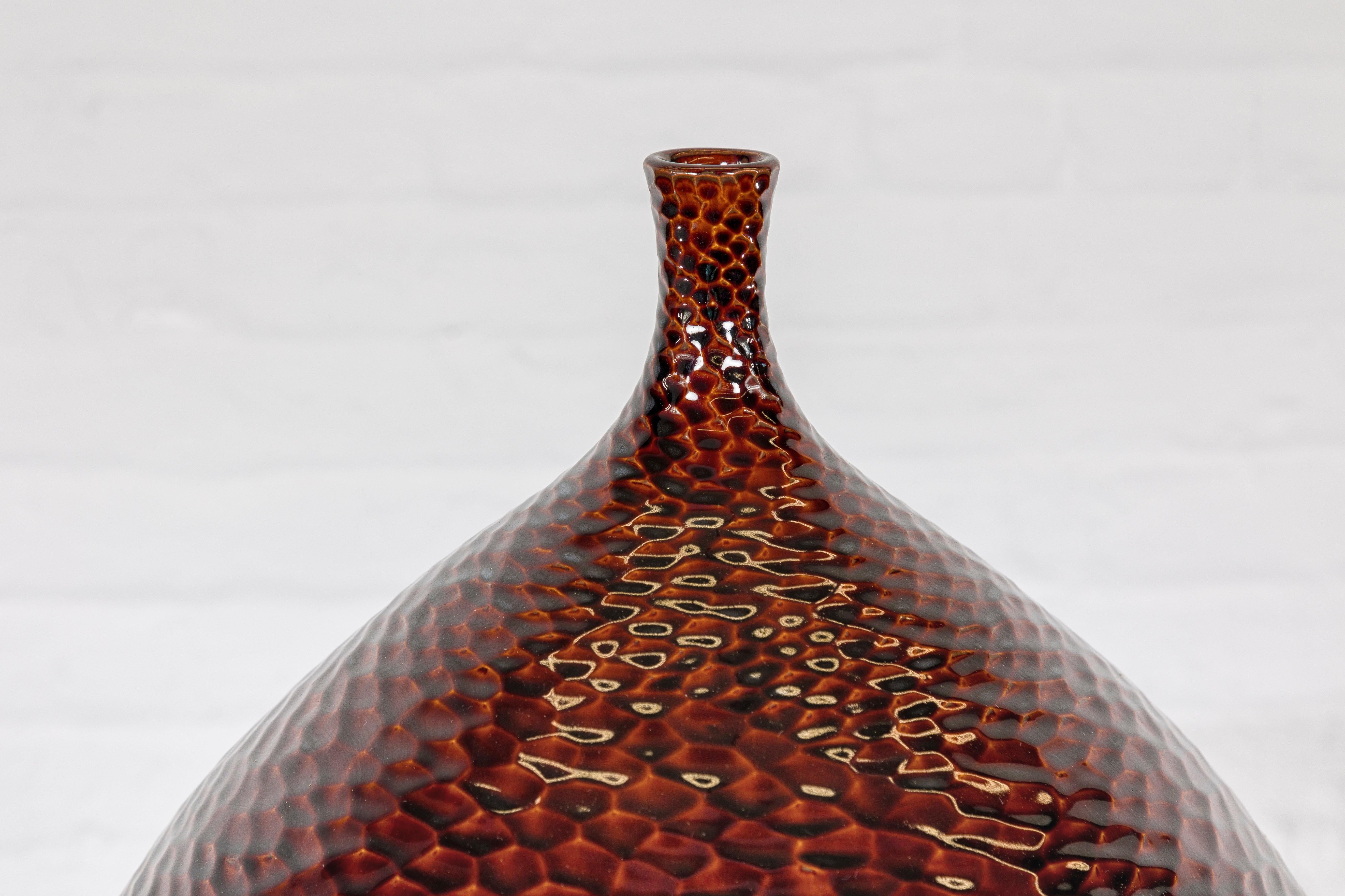 Handcrafted Bulb Shaped Burgundy Vase with Textured Honeycomb Style Motifs In Good Condition For Sale In Yonkers, NY