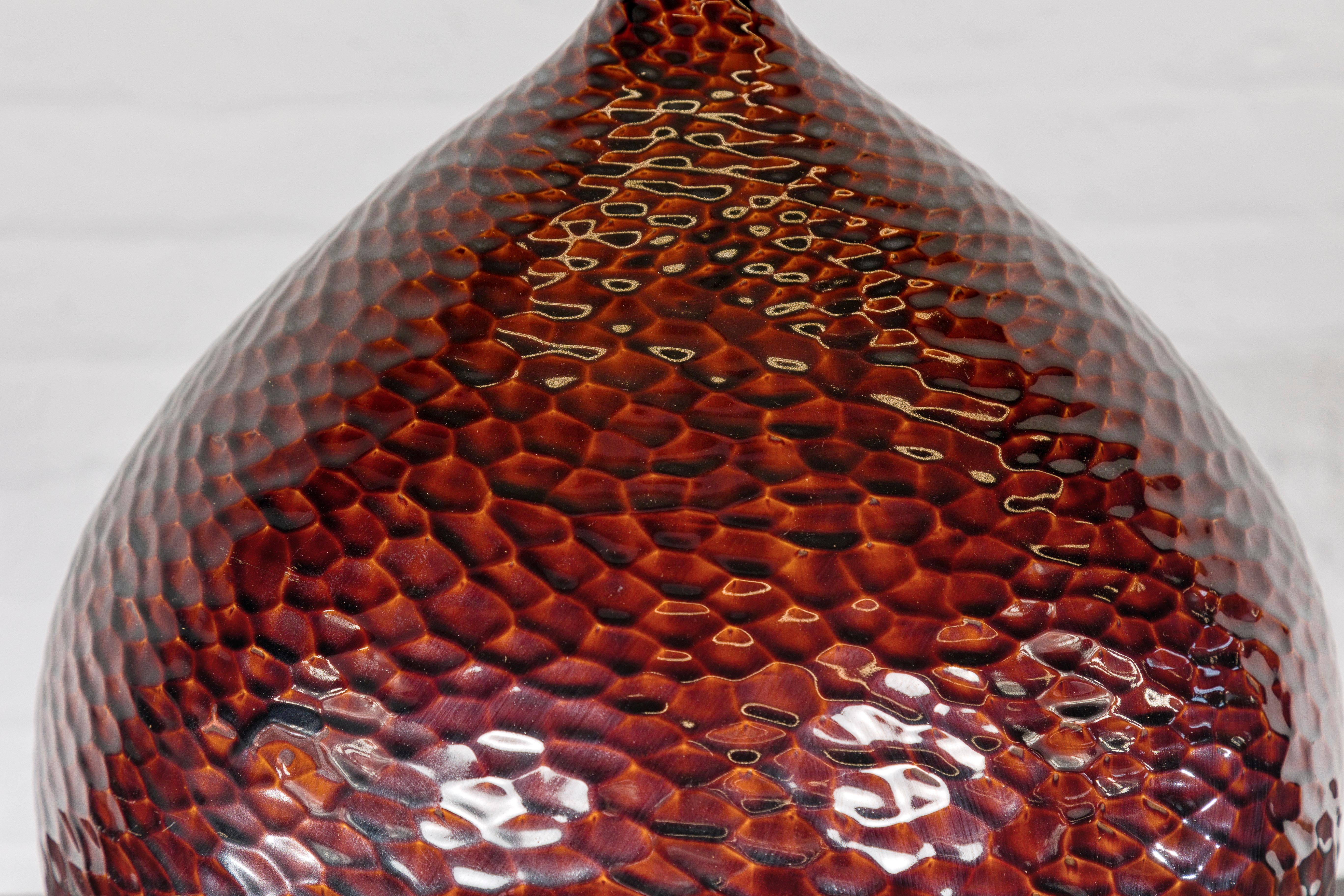 Contemporary Handcrafted Bulb Shaped Burgundy Vase with Textured Honeycomb Style Motifs For Sale