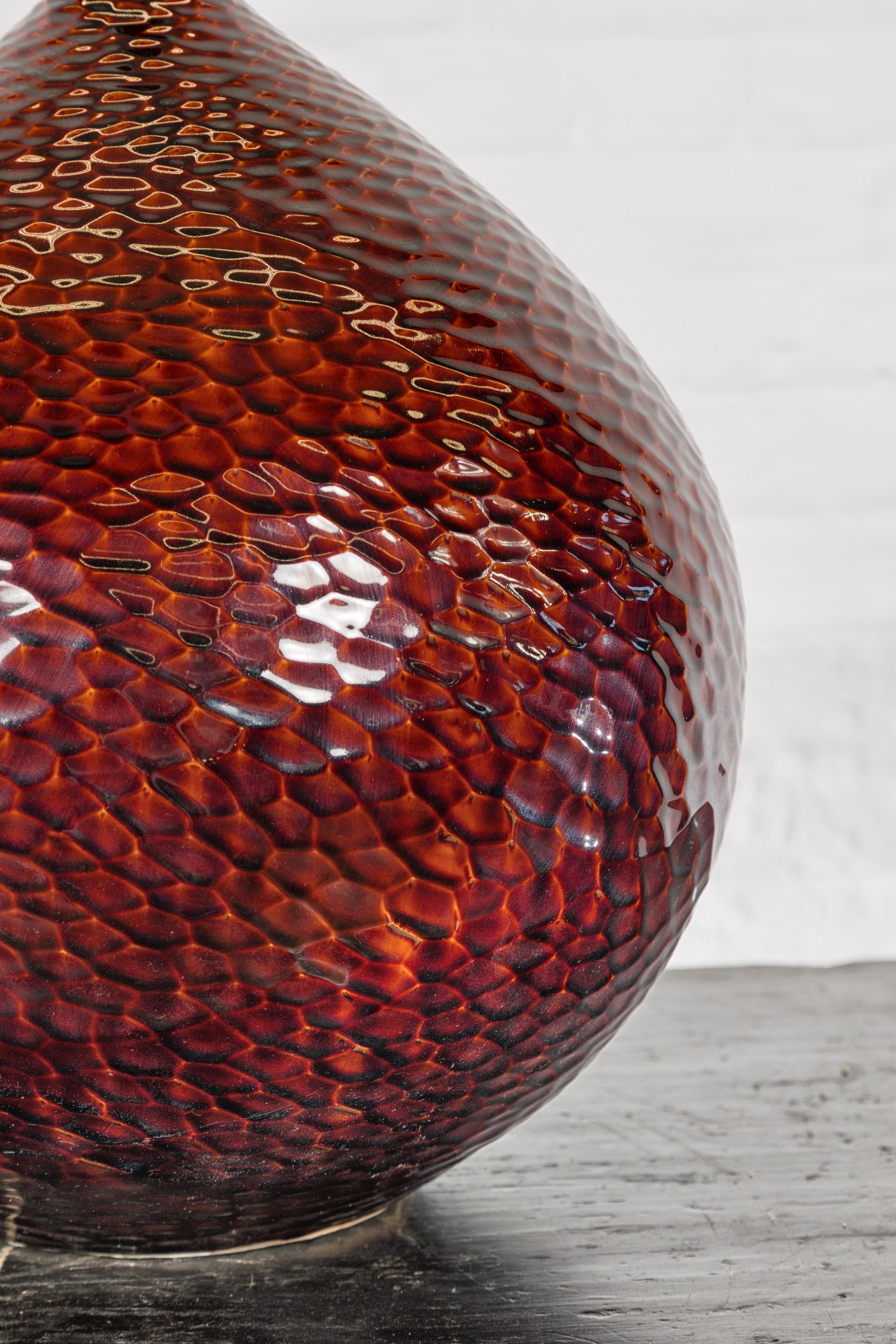 Handcrafted Bulb Shaped Burgundy Vase with Textured Honeycomb Style Motifs For Sale 3