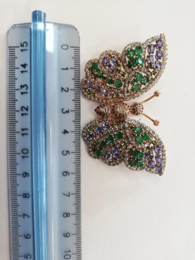 Handcrafted Butterfly Brooch Diamonds, Emeralds, Sapphires, Rose Gold and Silver 4