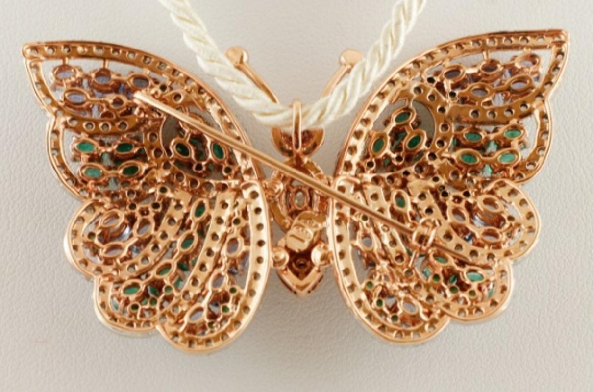 Retro Handcrafted Butterfly Brooch Diamonds, Emeralds, Sapphires, Rose Gold and Silver
