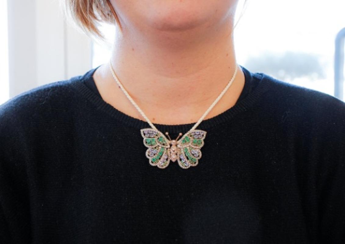 Women's Handcrafted Butterfly Brooch Diamonds, Emeralds, Sapphires, Rose Gold and Silver