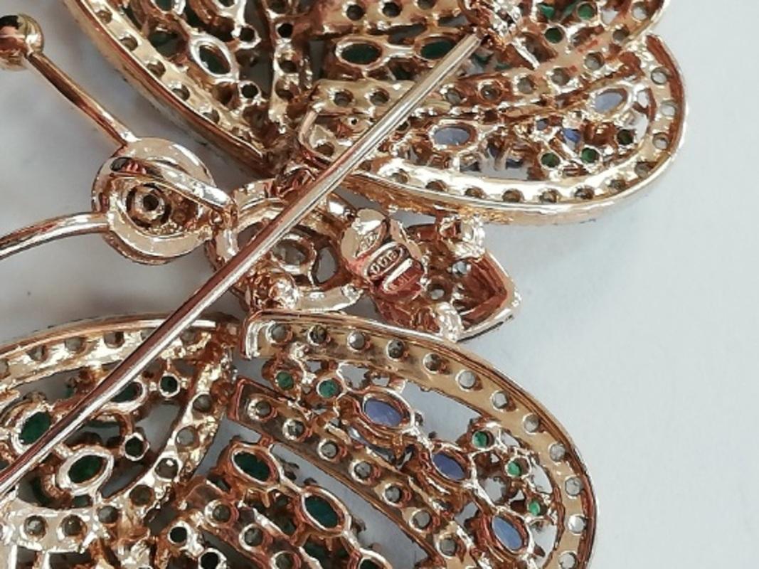 Handcrafted Butterfly Brooch Diamonds, Emeralds, Sapphires, Rose Gold and Silver 3