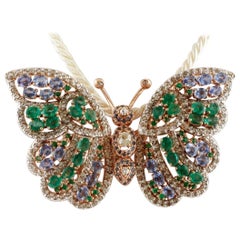 Handcrafted Butterfly Brooch Diamonds, Emeralds, Sapphires, Rose Gold and Silver