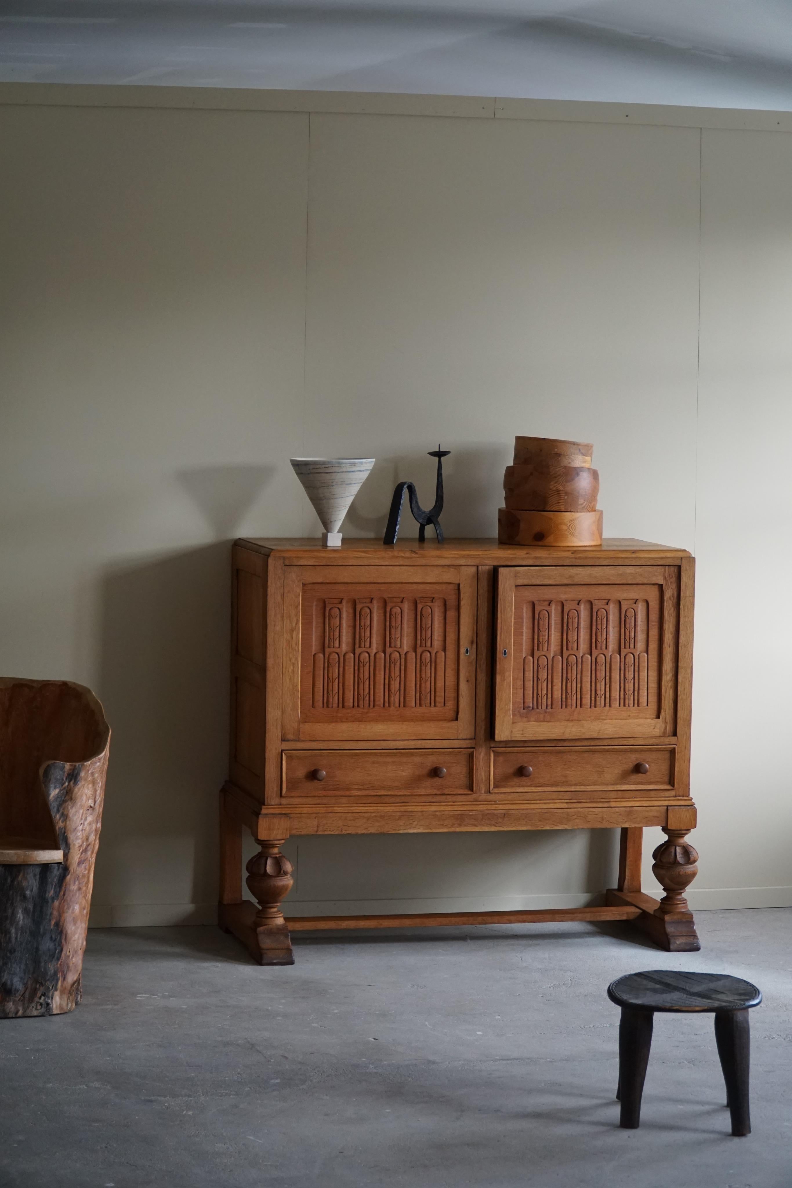 Baroque Handcrafted Cabinet in Oak, Mid Century, Made by a Danish Carpenter in the 1950s For Sale