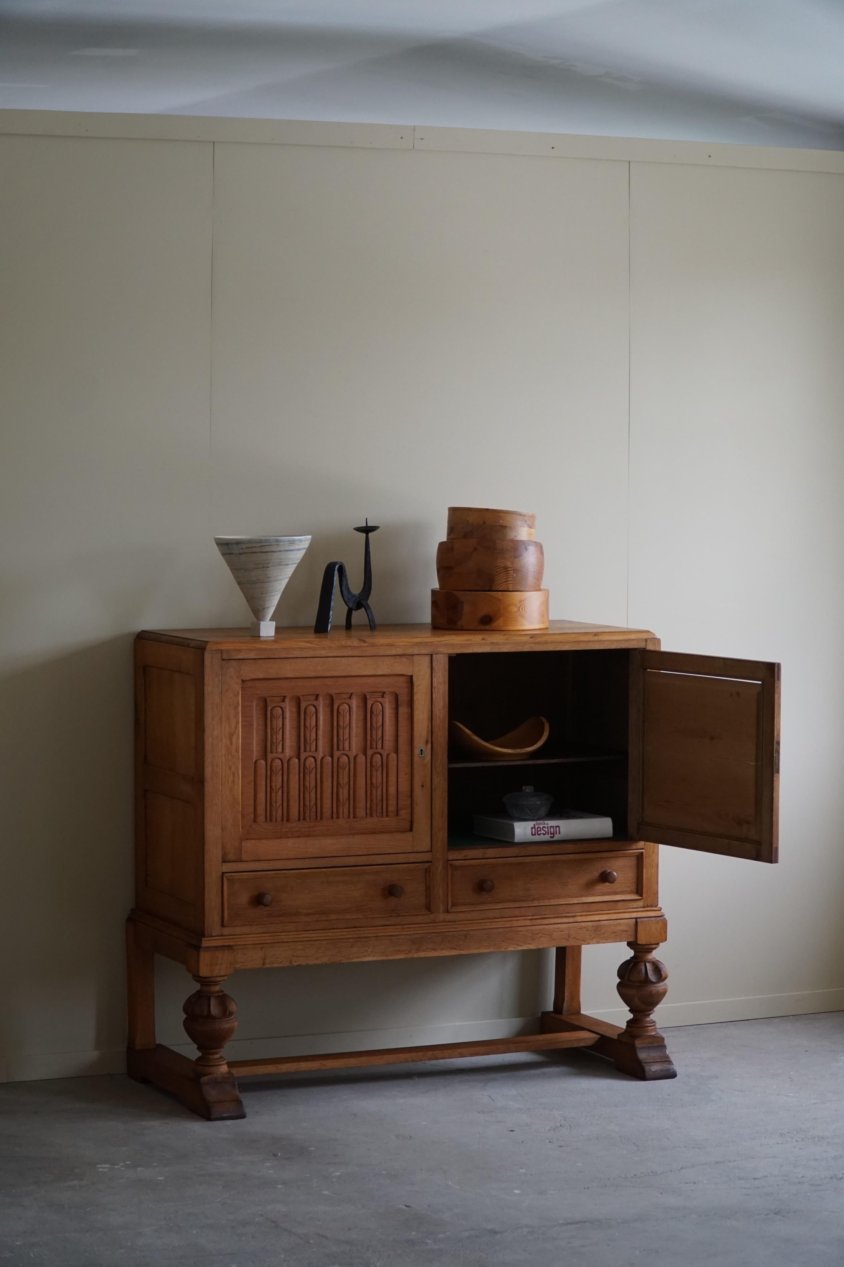 Baroque Handcrafted Cabinet in Oak, Mid Century, Made by a Danish Carpenter in the 1950s For Sale