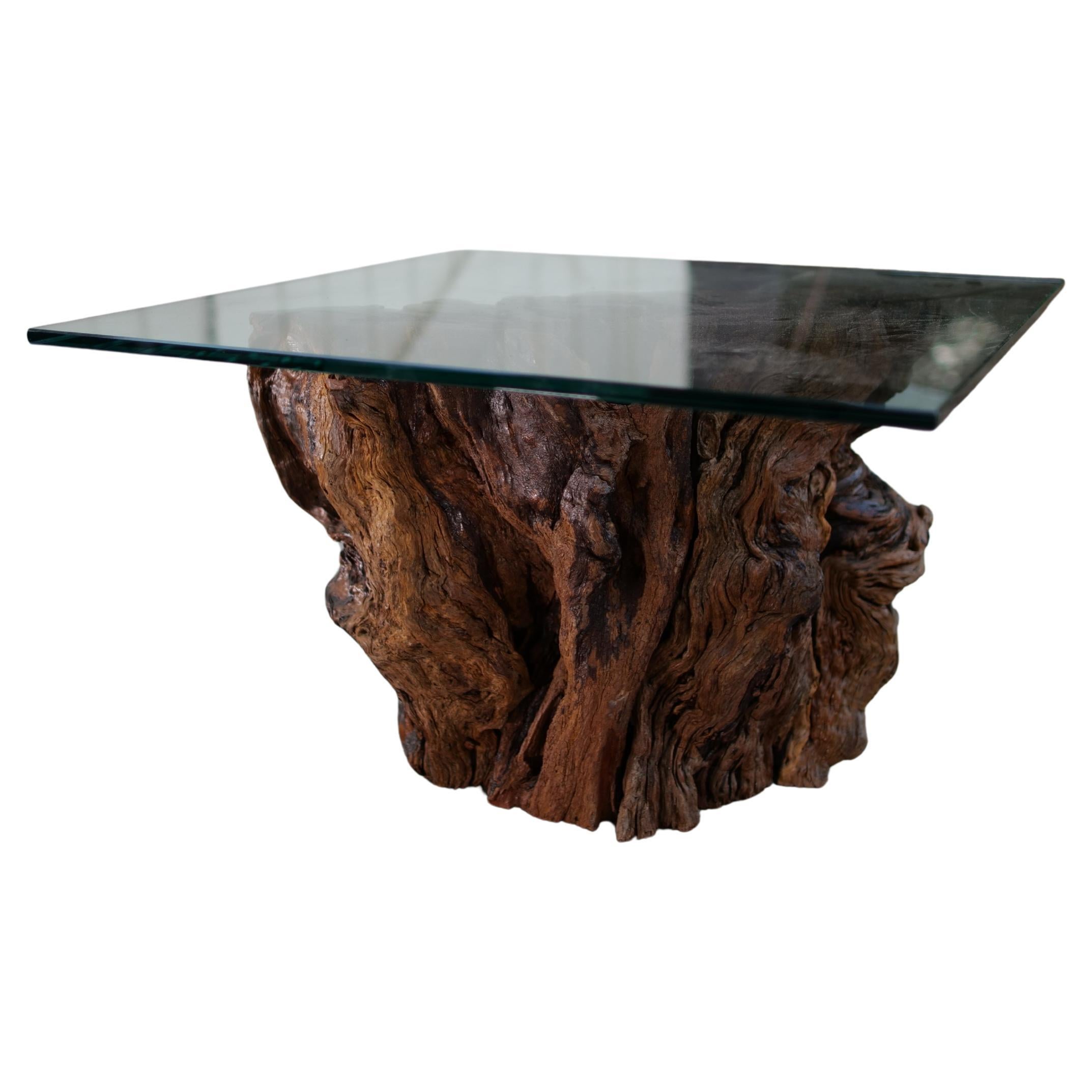 Handcrafted California Driftwood Side Table with Tempered Glass Top