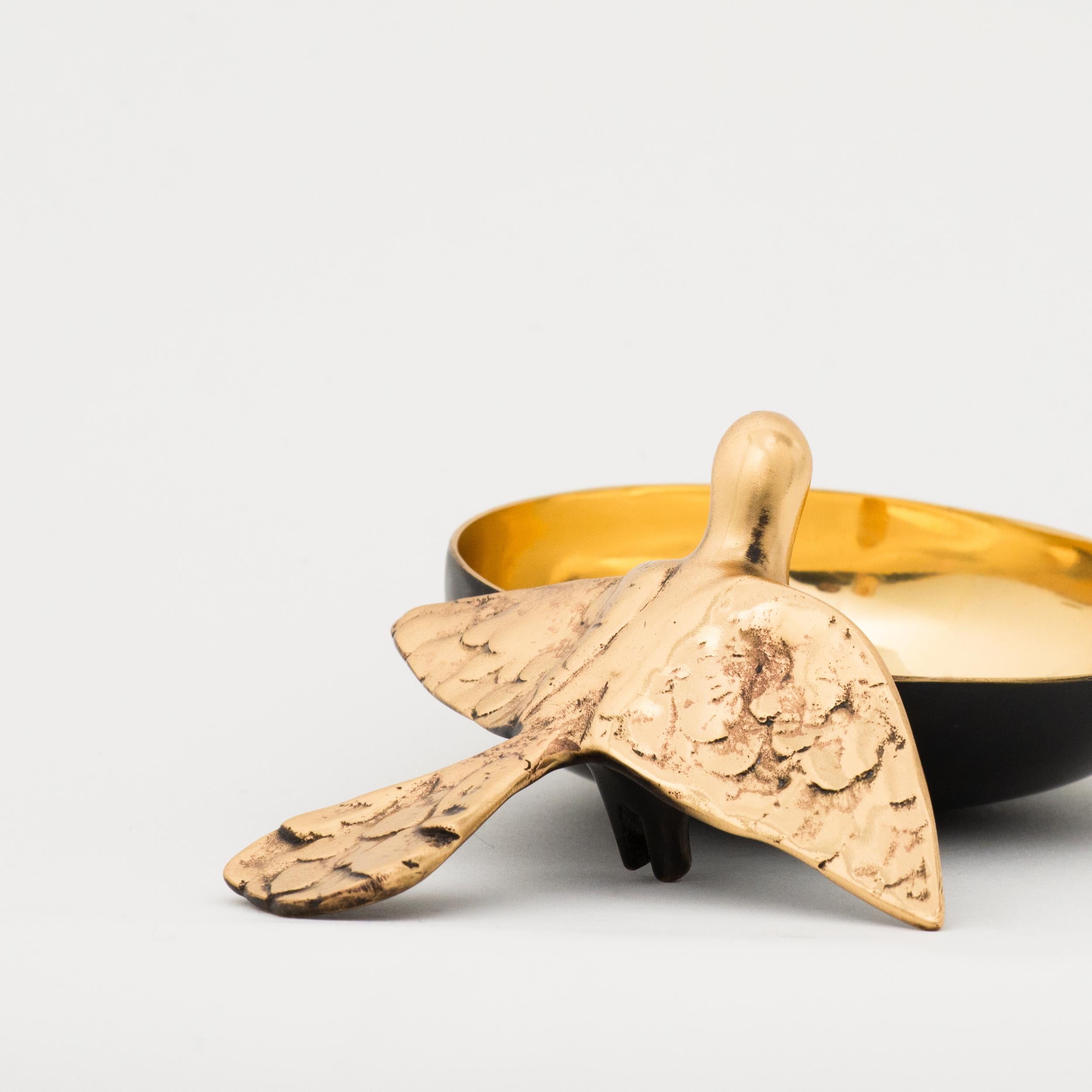 Organic Modern Handmade Cast Bronze Decorative Bowl with Bird