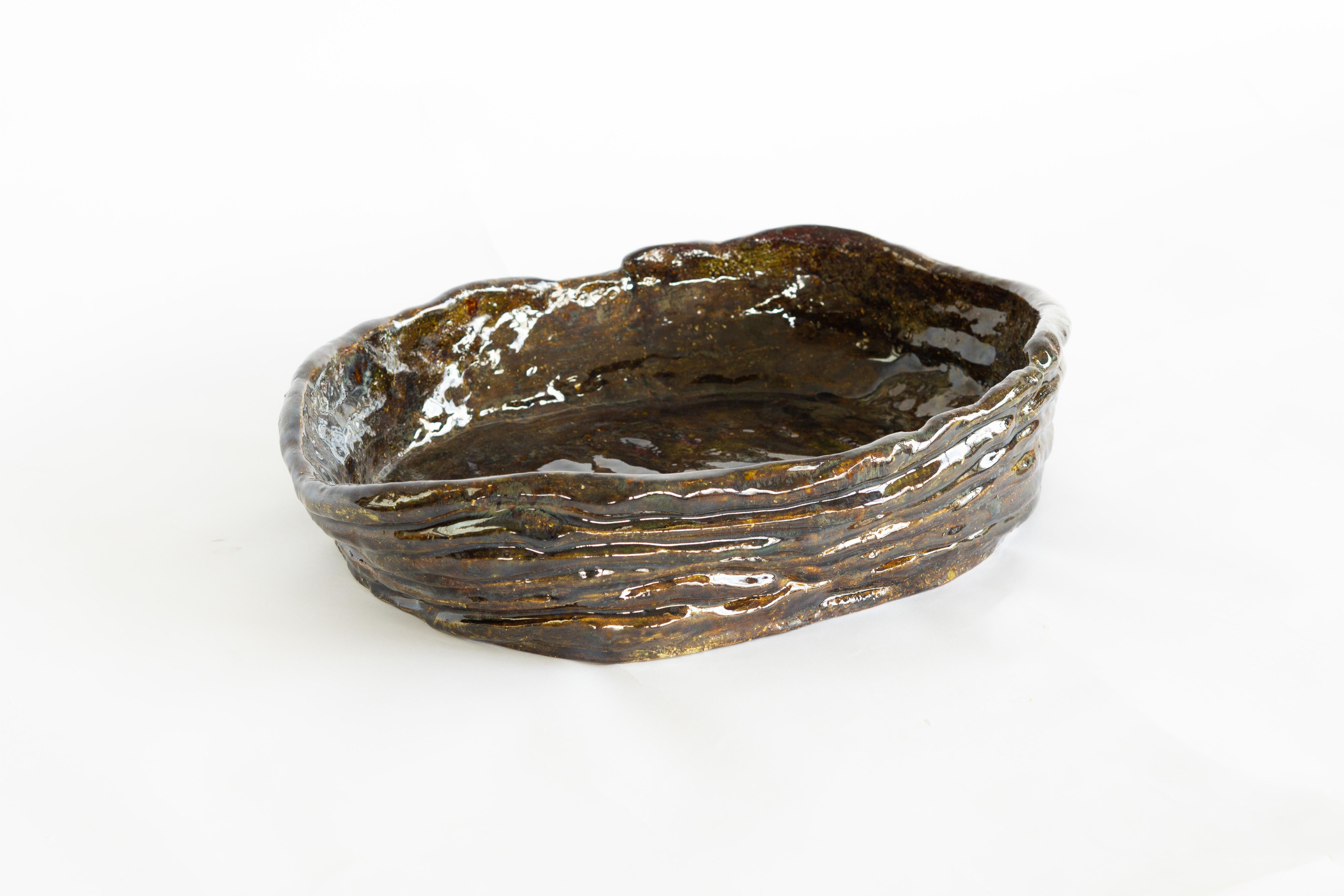 Vernissé Bol en céramique artisanale en Greene & Greene - Vaisseau sculptural ovale en vente
