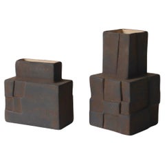 Handcrafted Ceramic Cubic Vase (Set of 2 )-  Charcoal with Rough Texture