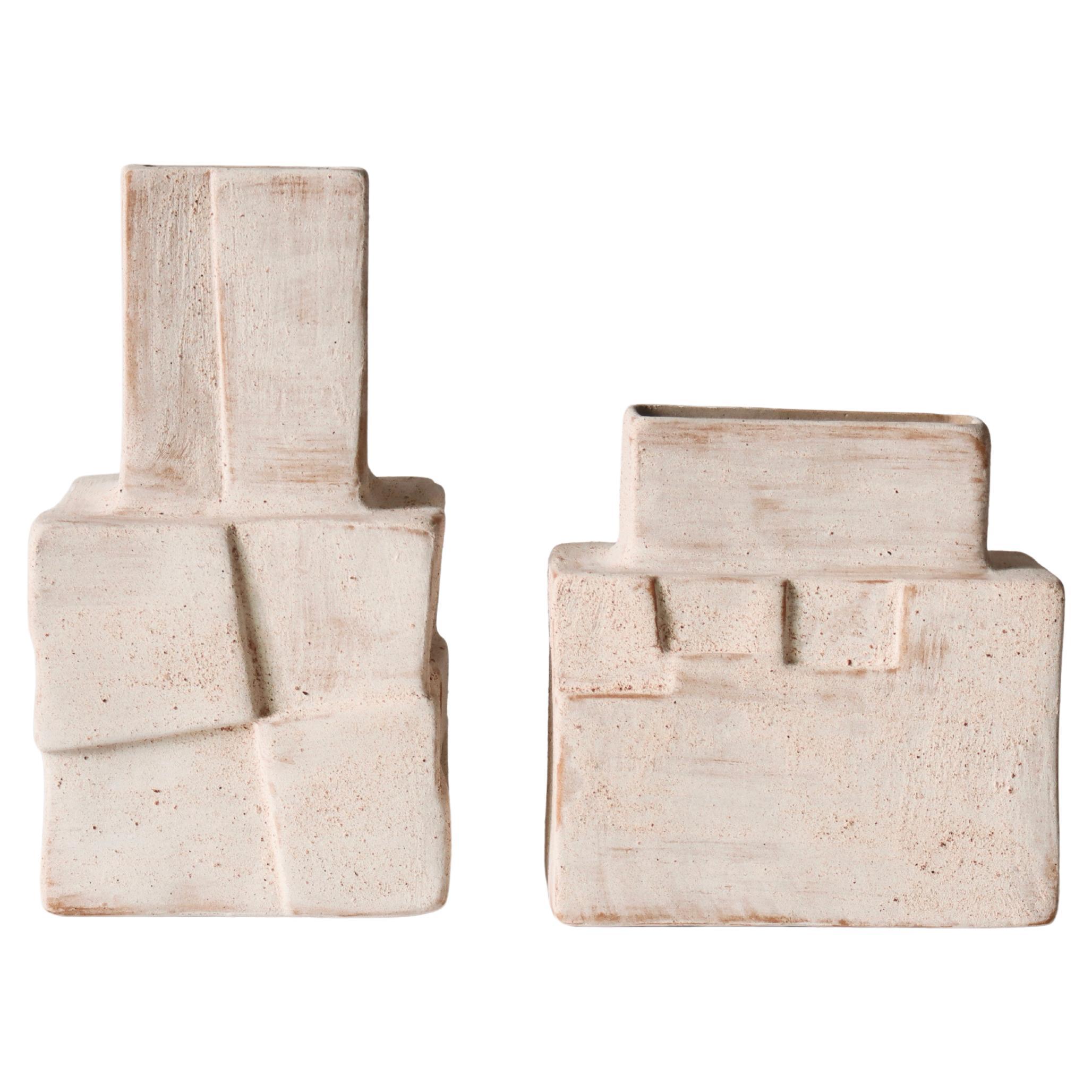 Vaso cubico in ceramica lavorato a mano (Set di 2)  Carboncino con texture ruvida