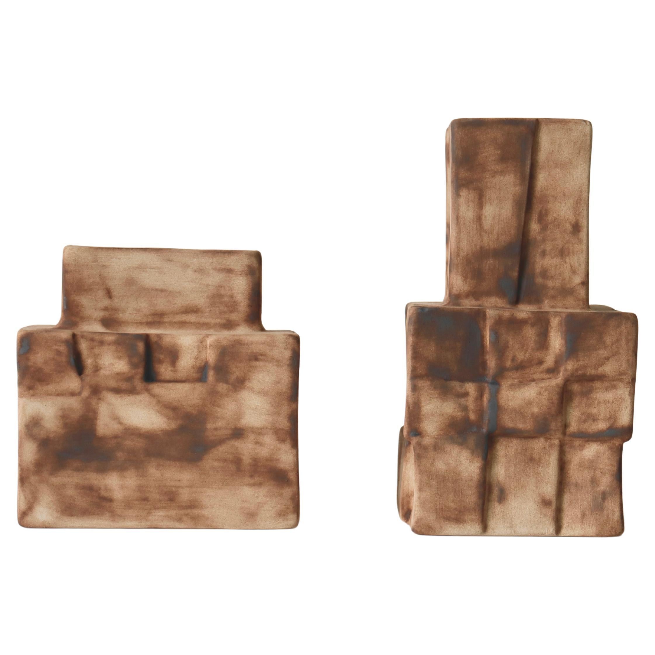 Handcrafted Ceramic Cubic Vase (Set of 2 )-  Earth-Toned Burnt Texture