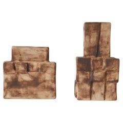Handcrafted Ceramic Cubic Vase (Set of 2 )-  Earth-Toned Burnt Texture