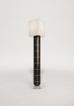 Handcrafted Ceramic Floor Lamp in Black Matt Glaze With Linen Lampshade