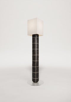 Handcrafted Ceramic Floor Lamp in Black Obsidian Gloss Glaze With Linen Lampshad