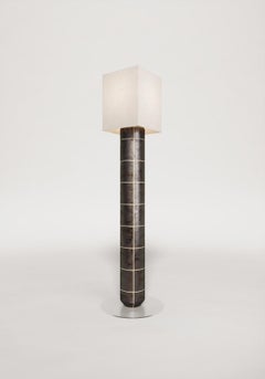 Handcrafted Ceramic Floor Lamp in Black Gasoline gloss Glaze With Linen Lampshad