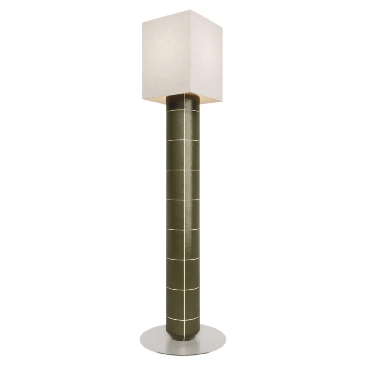 Handcrafted Ceramic Floor Lamp in Green Glaze With Linen Lampshade