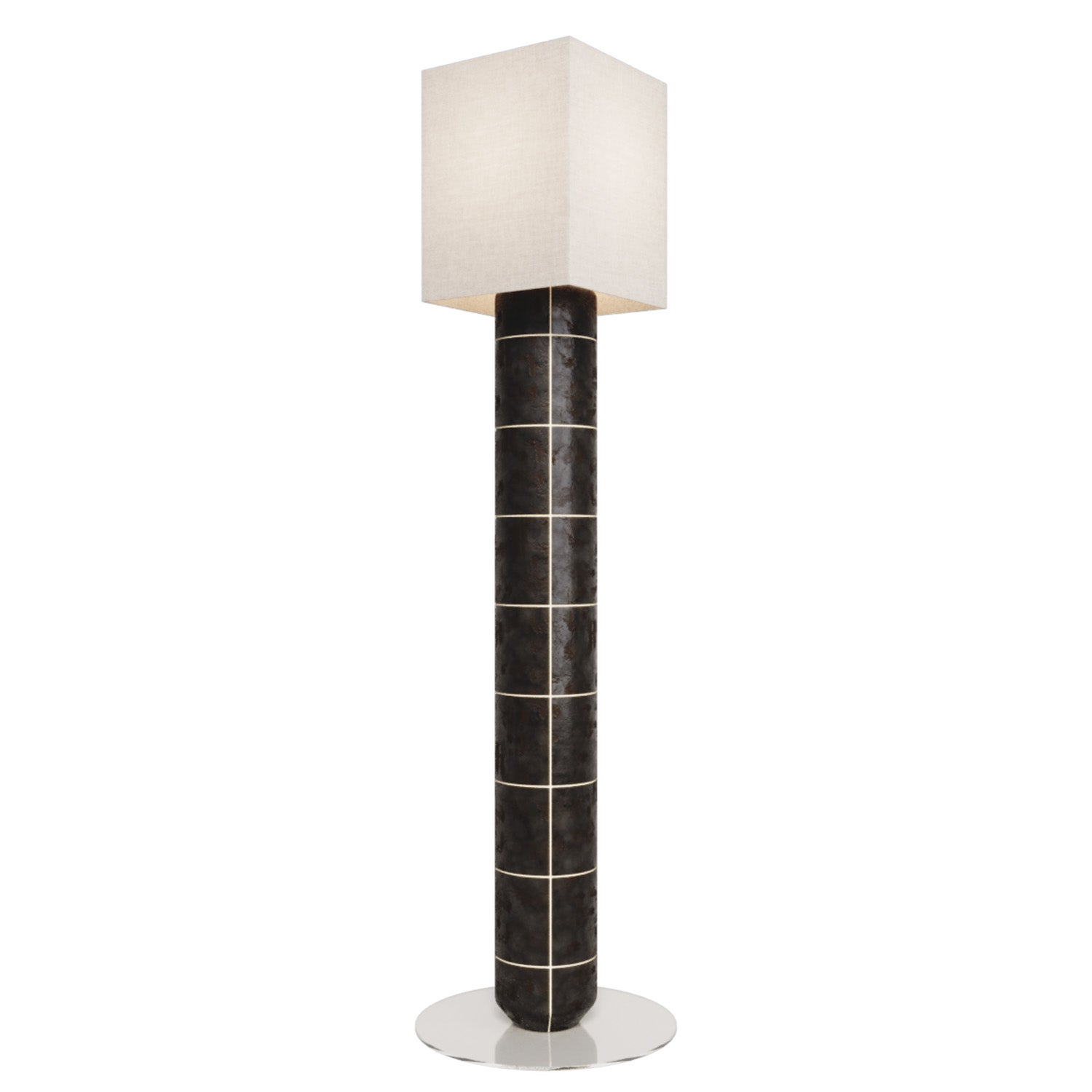 Handcrafted Ceramic Floor Lamp in Scorcheat Coal Glaze With Linen Lampshade For Sale