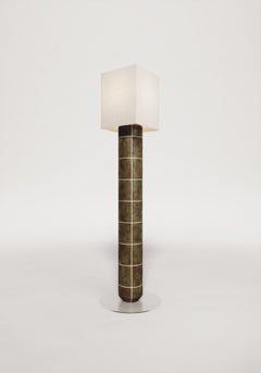 Handcrafted Ceramic Floor Lamp in Smoked moss Glaze With Linen Lampshade