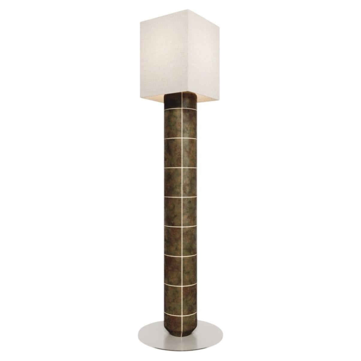 Handcrafted Ceramic Floor Lamp in Smoked moss Glaze With Linen Lampshade