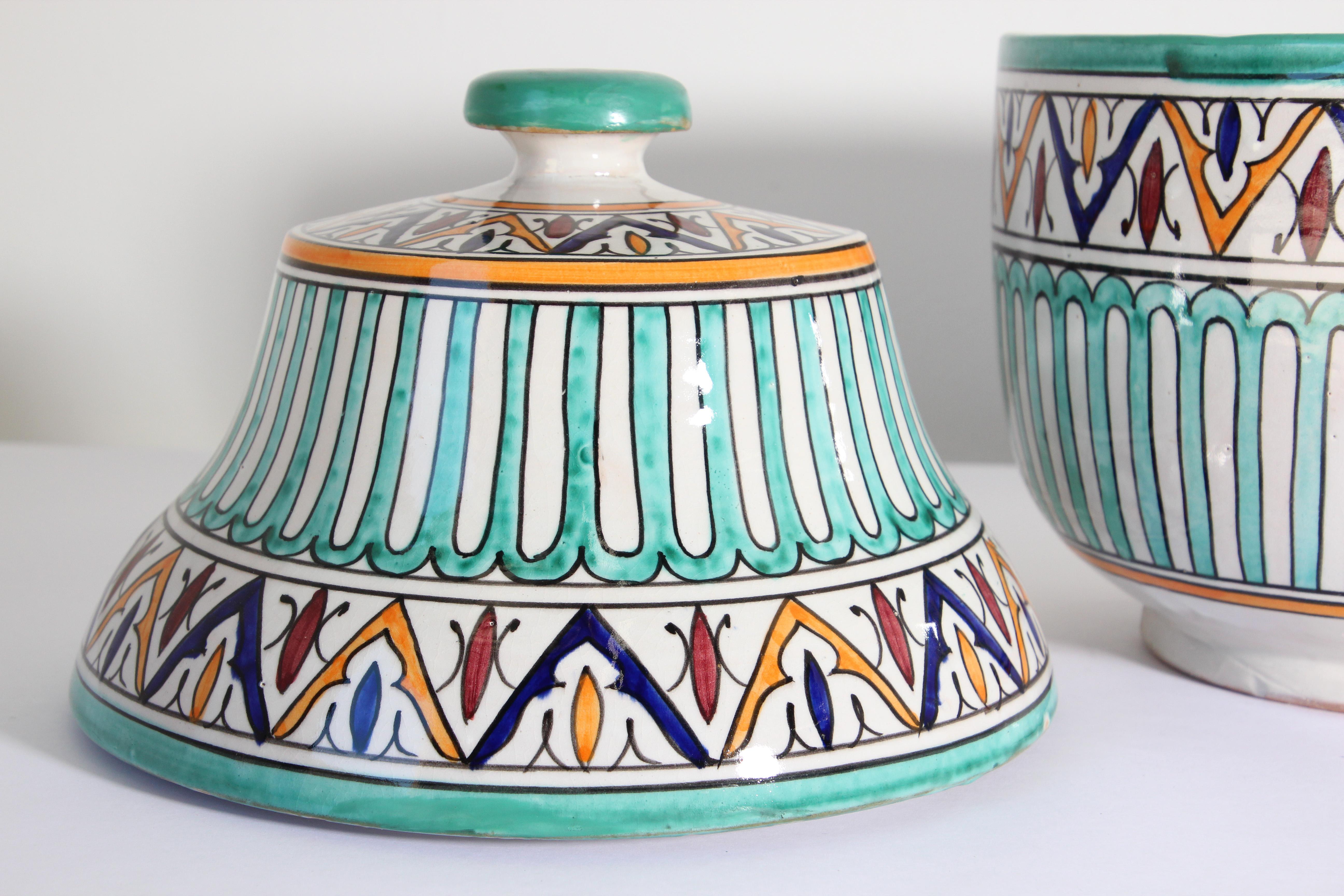 Handcrafted Ceramic Glazed Covered Jar in Fez Morocco For Sale 4