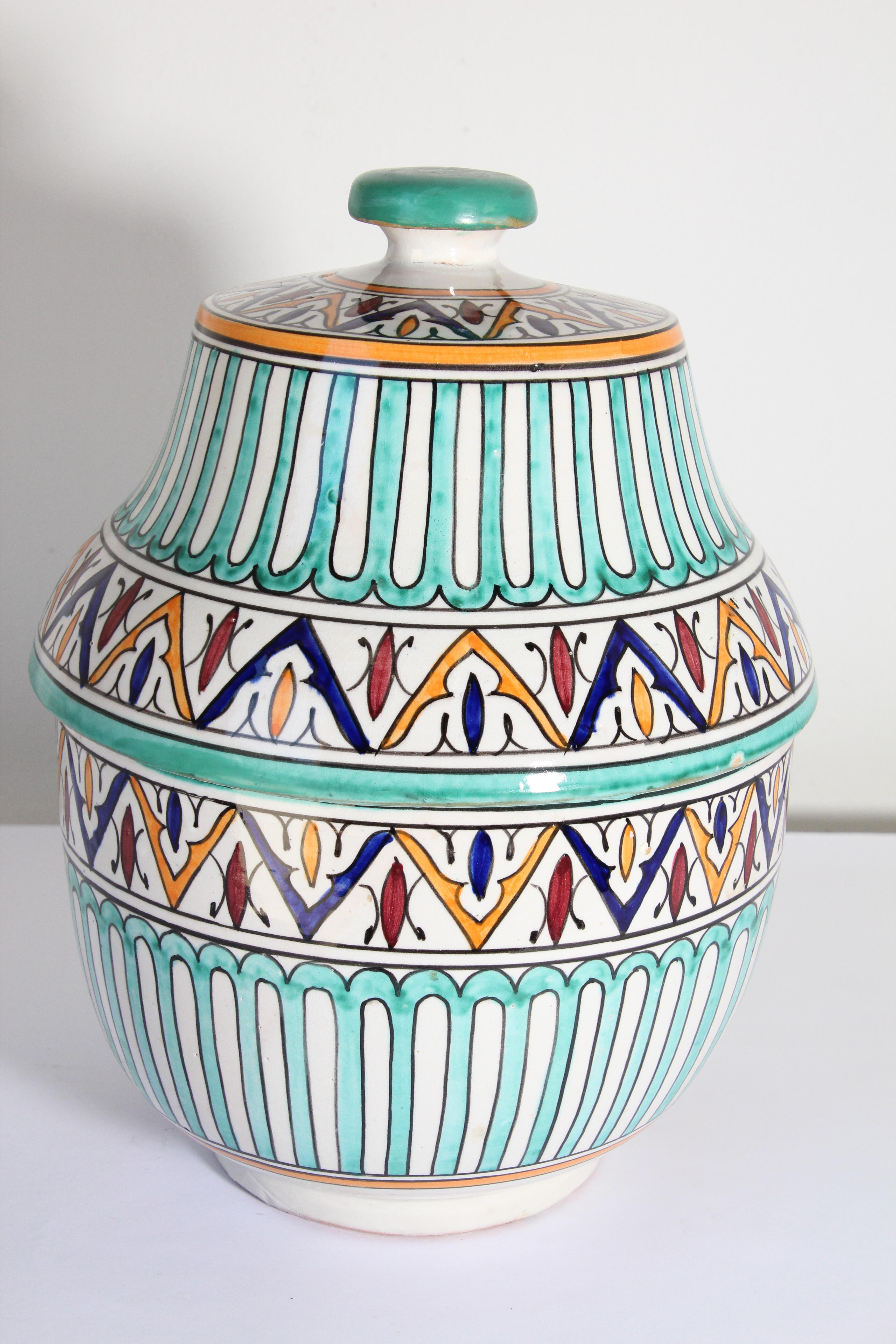 Islamic Handcrafted Ceramic Glazed Covered Jar in Fez Morocco For Sale