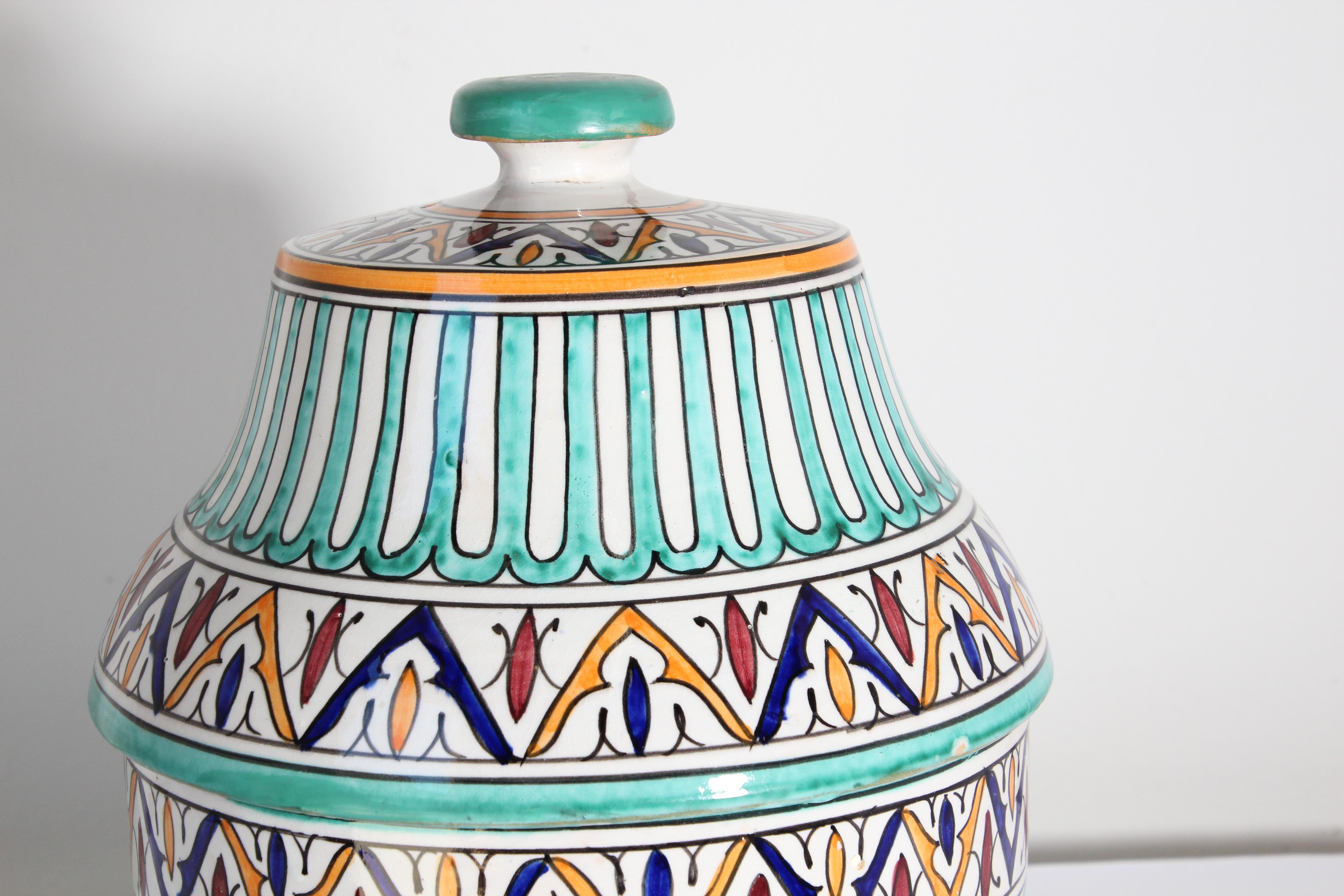 Moroccan Handcrafted Ceramic Glazed Covered Jar in Fez Morocco For Sale