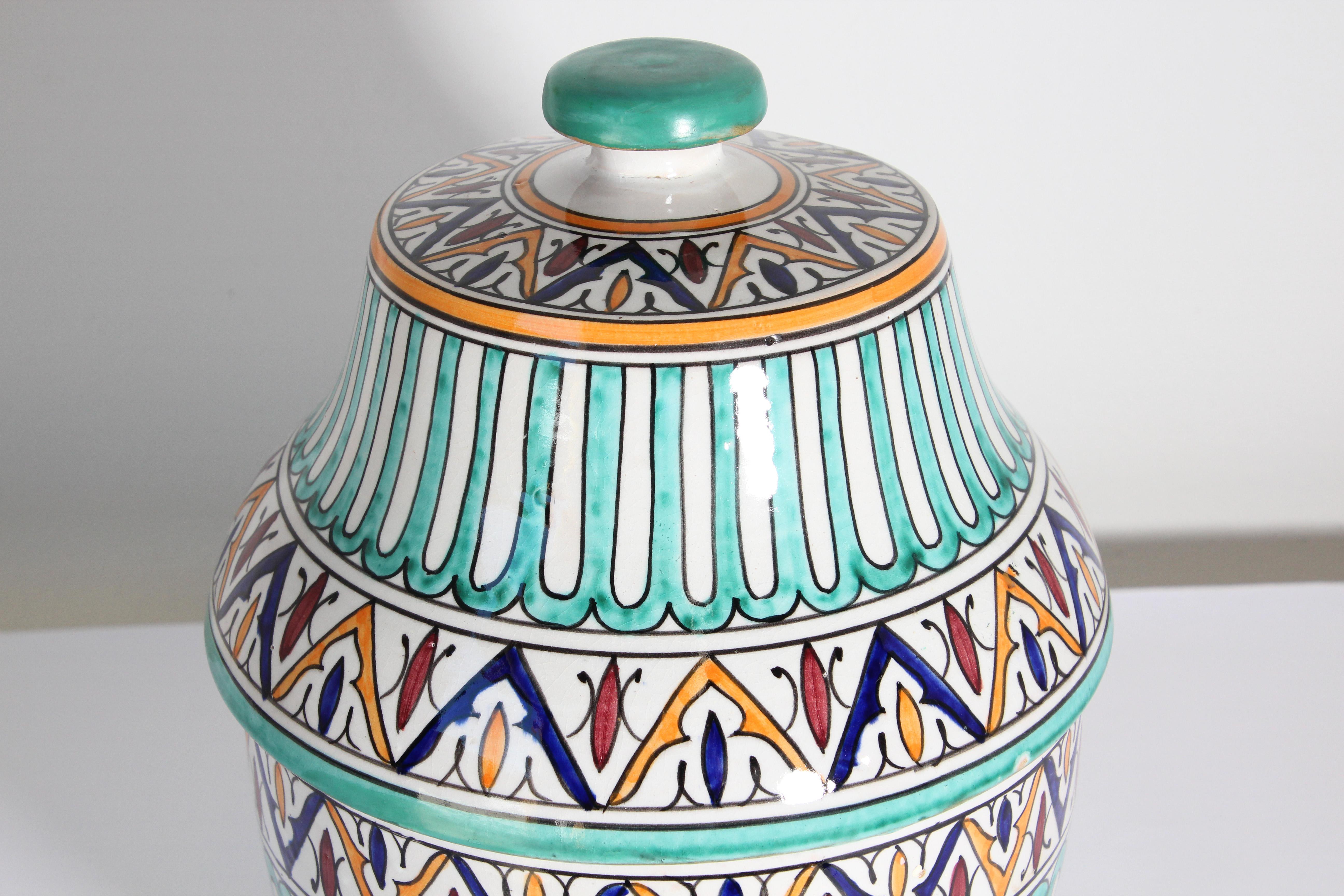20th Century Handcrafted Ceramic Glazed Covered Jar in Fez Morocco For Sale