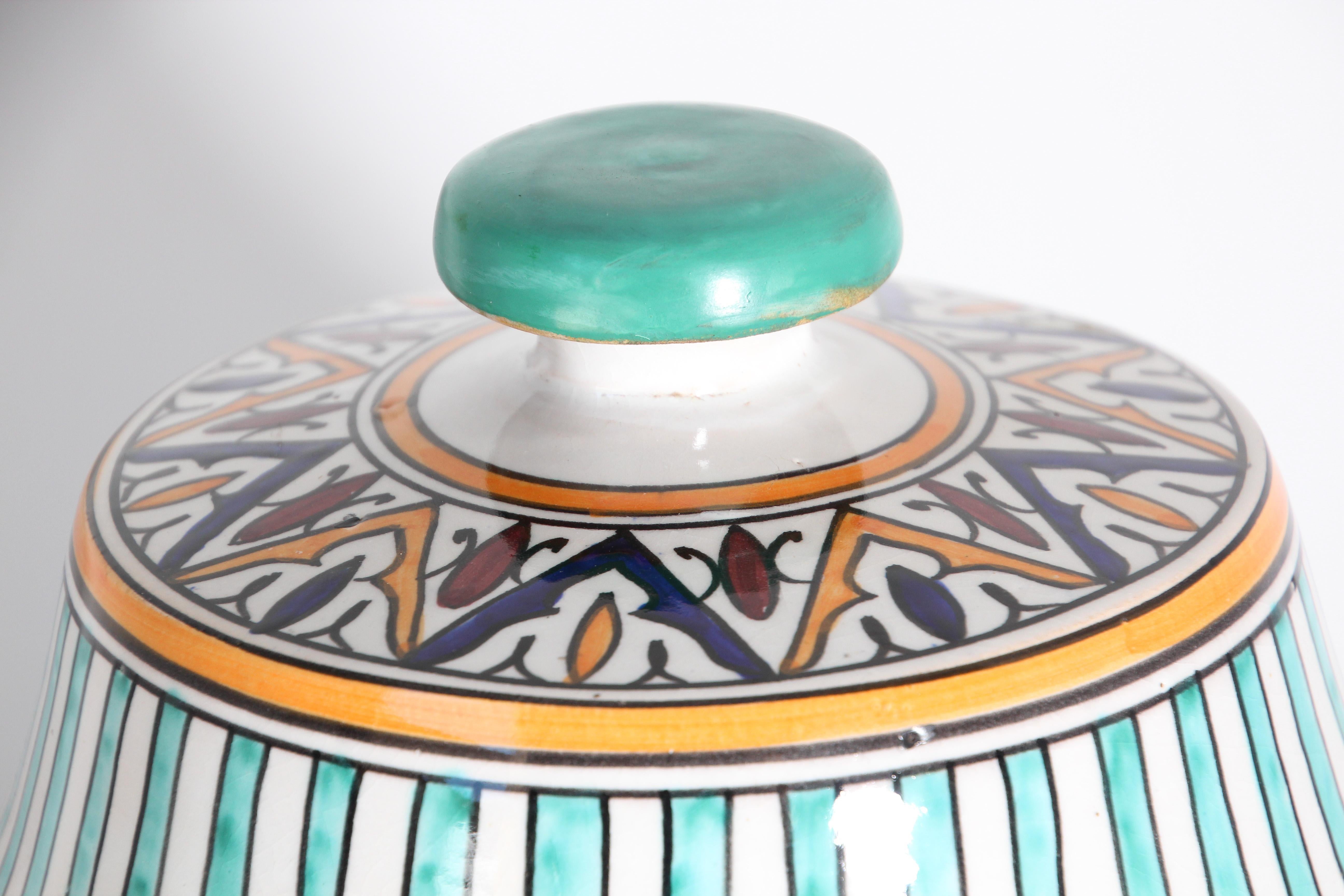 Handcrafted Ceramic Glazed Covered Jar in Fez Morocco For Sale 1