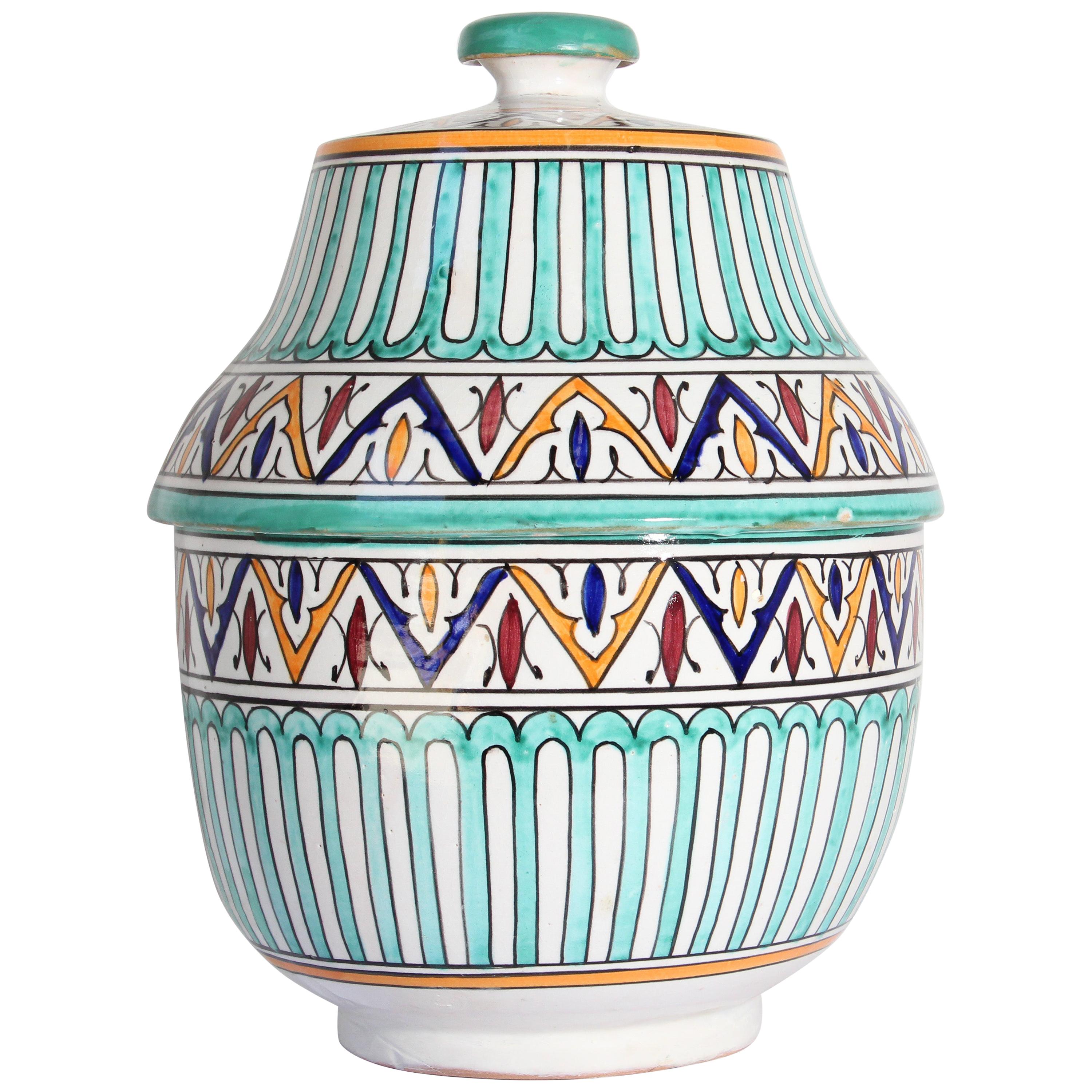 Handcrafted Ceramic Glazed Covered Jar in Fez Morocco For Sale