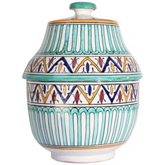 Vintage Handcrafted Ceramic Glazed Covered Jar in Fez Morocco