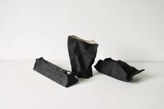 Handcrafted Ceramic Paper Bag Vase and Sculpture (Set of 3)-  Black