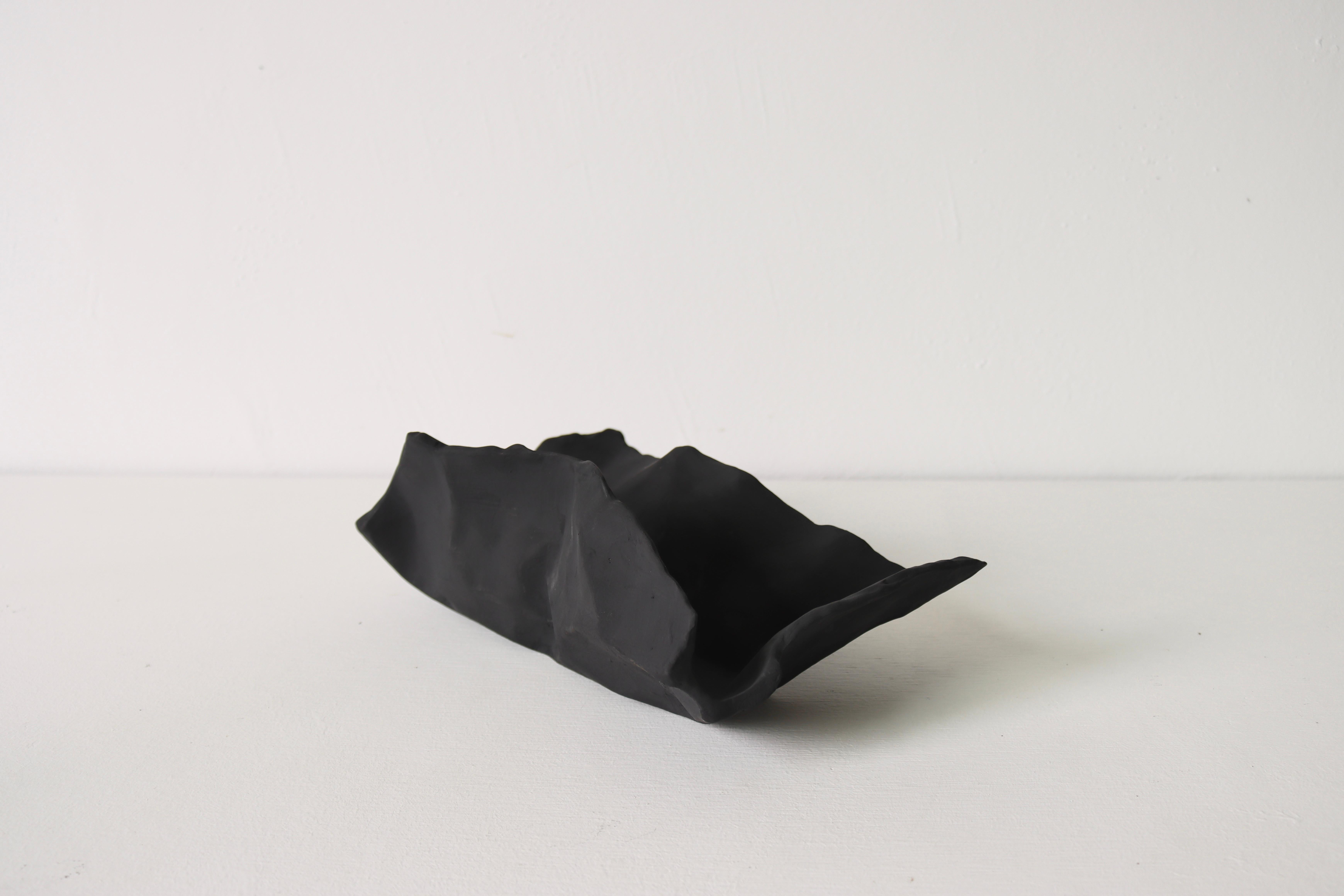 Contemporary Handcrafted Ceramic Paper Bag Vase and Sculpture (Set of 3)-  Black For Sale