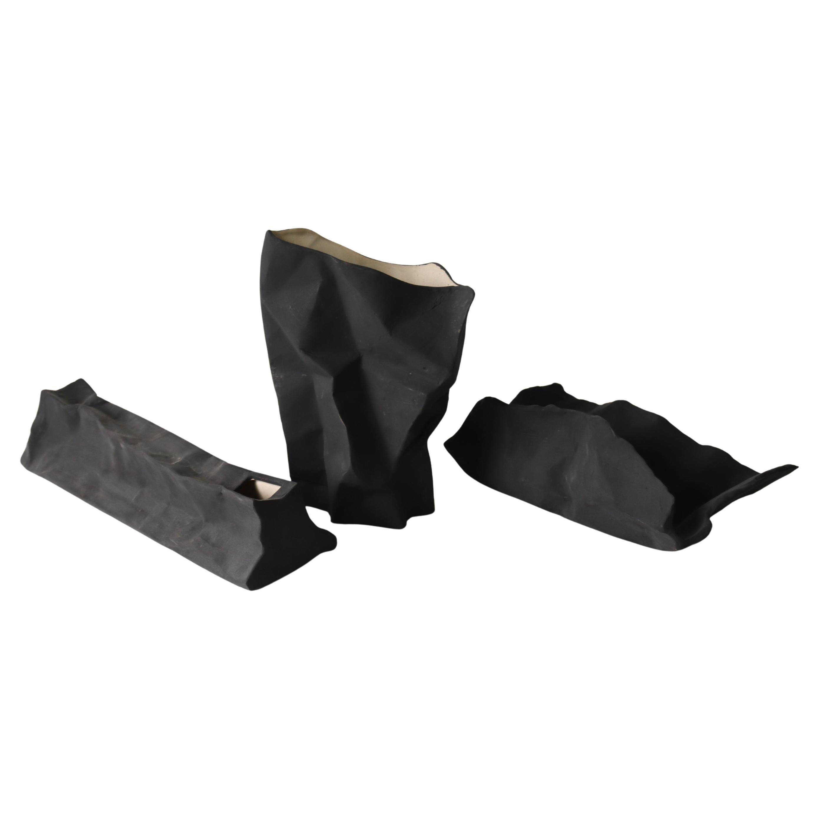 Handcrafted Ceramic Paper Bag Vase and Sculpture (Set of 3)-  Black For Sale