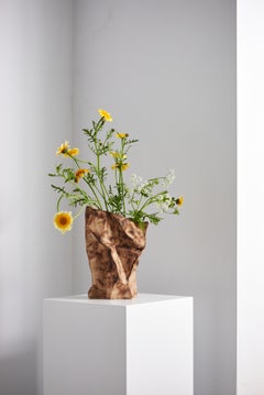 Handcrafted Ceramic Paper Bag Vase (Set of 2)-  Earth-Toned Burnt Texture