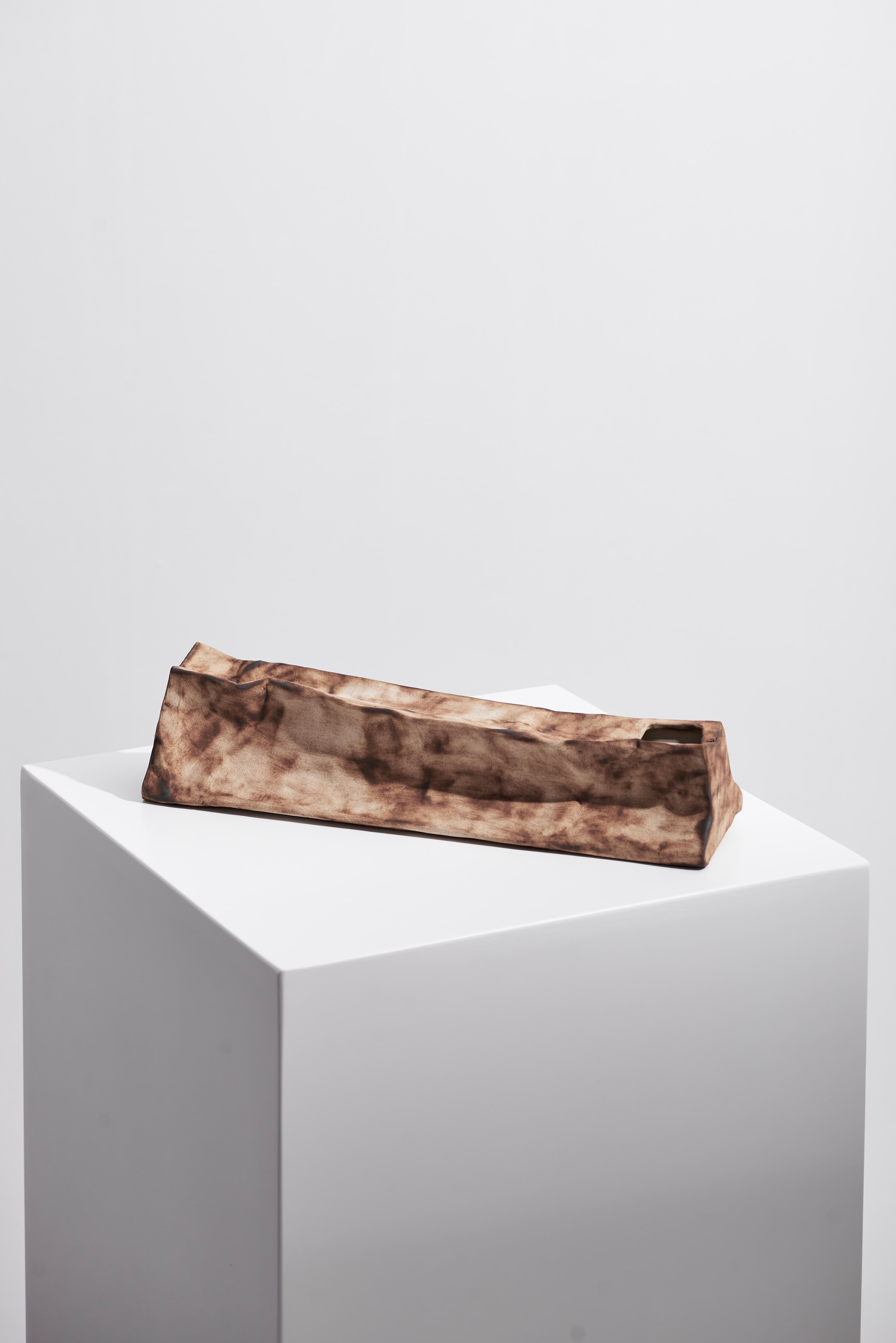 Chinese Handcrafted Ceramic Paper Bag Vase (Set of 2)-  Earth-Toned Burnt Texture For Sale